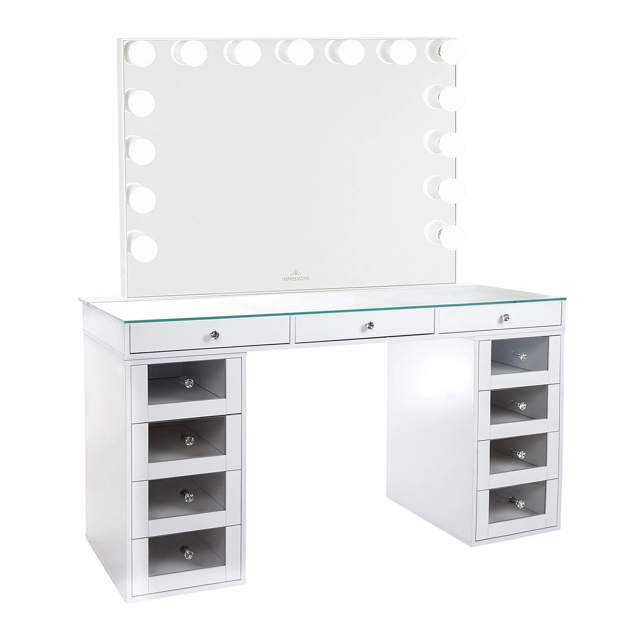 Impressions Vanity SlayStation 2.0 Tabletop with Mirror and 4 Drawer Unit Bundle, Vanity Desk with LED Makeup Mirror, Clear Glass Table Top, 2x Storage Units, and Lighted Vanity Mirror for Bedroom
