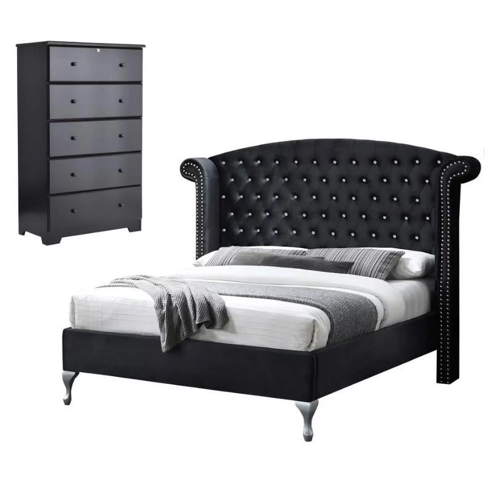 Home Square 2-Piece Set with Full Bed and 5-Drawer Chest Dresser in Black