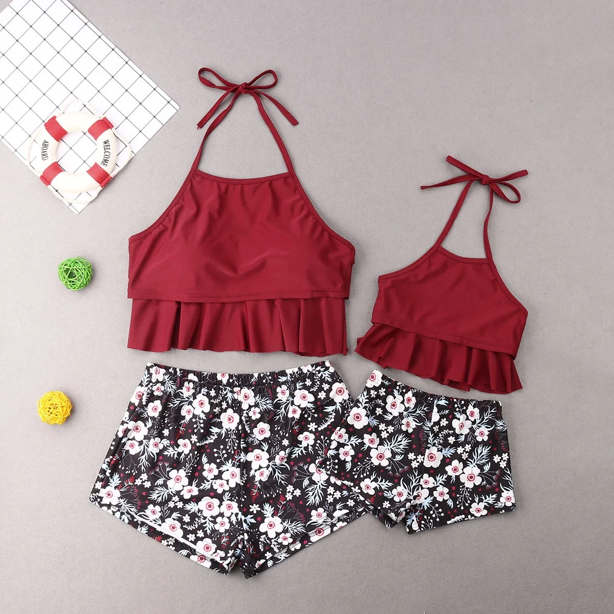 Family Matching Mother Girl Bikini Set Halter Floral Ruffle High Waisted Swimwear Bathing Suit