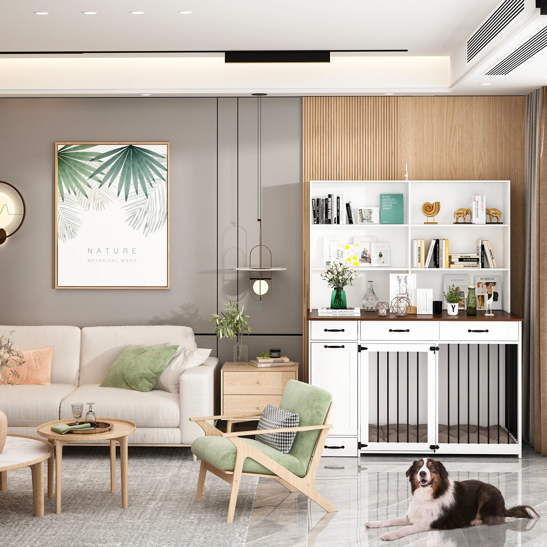 NARTRU Dog Crate Furniture with Storage, Wooden Dog Crate Cabinet with Dog Bowls, Dog Food Storage, Drawers and Shelves for Small, Medium or Large dog, White