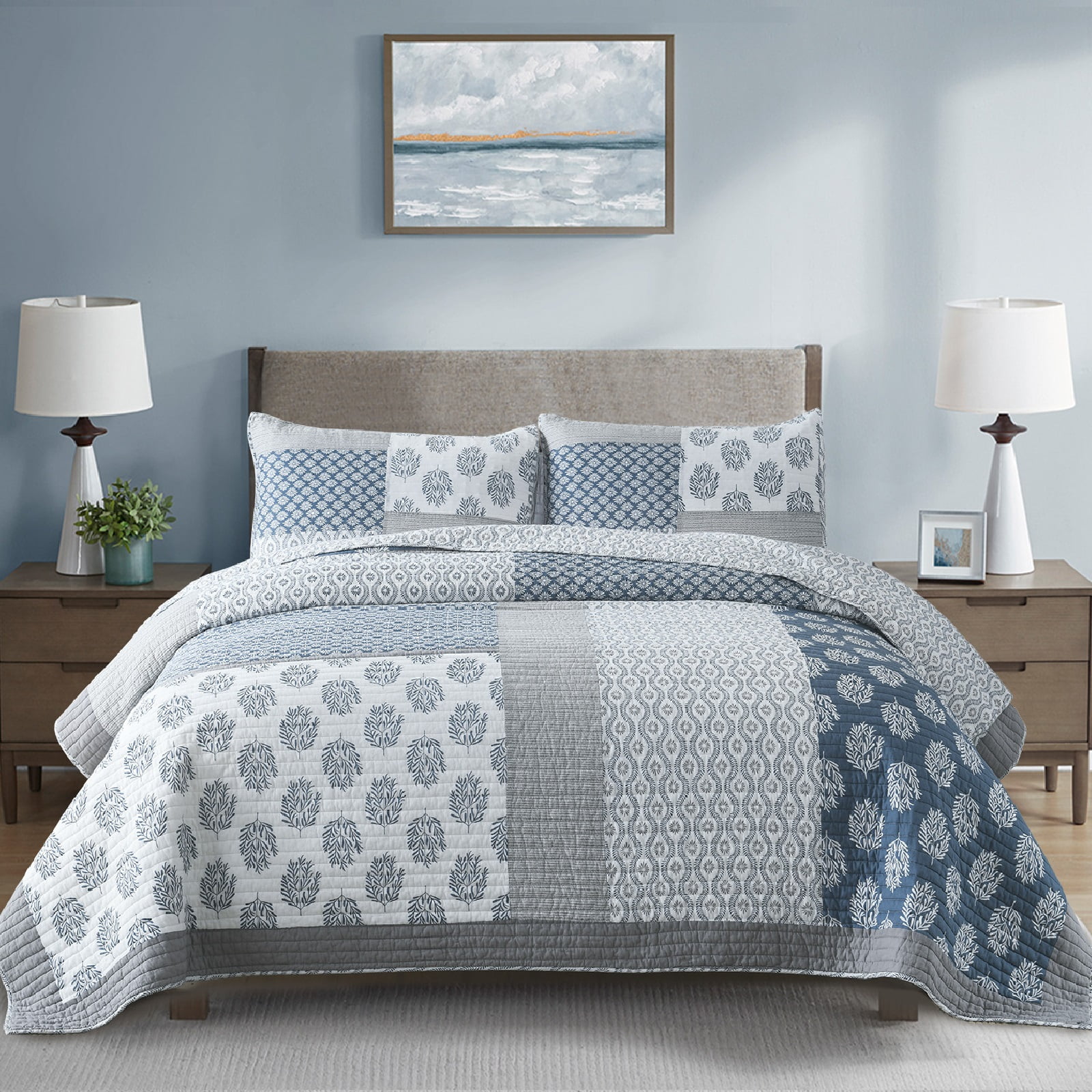 SahSahCasa Quilt Set Queen Size - 100% Cotton Lightweight Queen Quilt, Patchwork Farmhouse Floral Queen Comforter Quilted Bedspread, Blue Grey White Reversible Quilt Bedding Set All Season, 3 Pieces