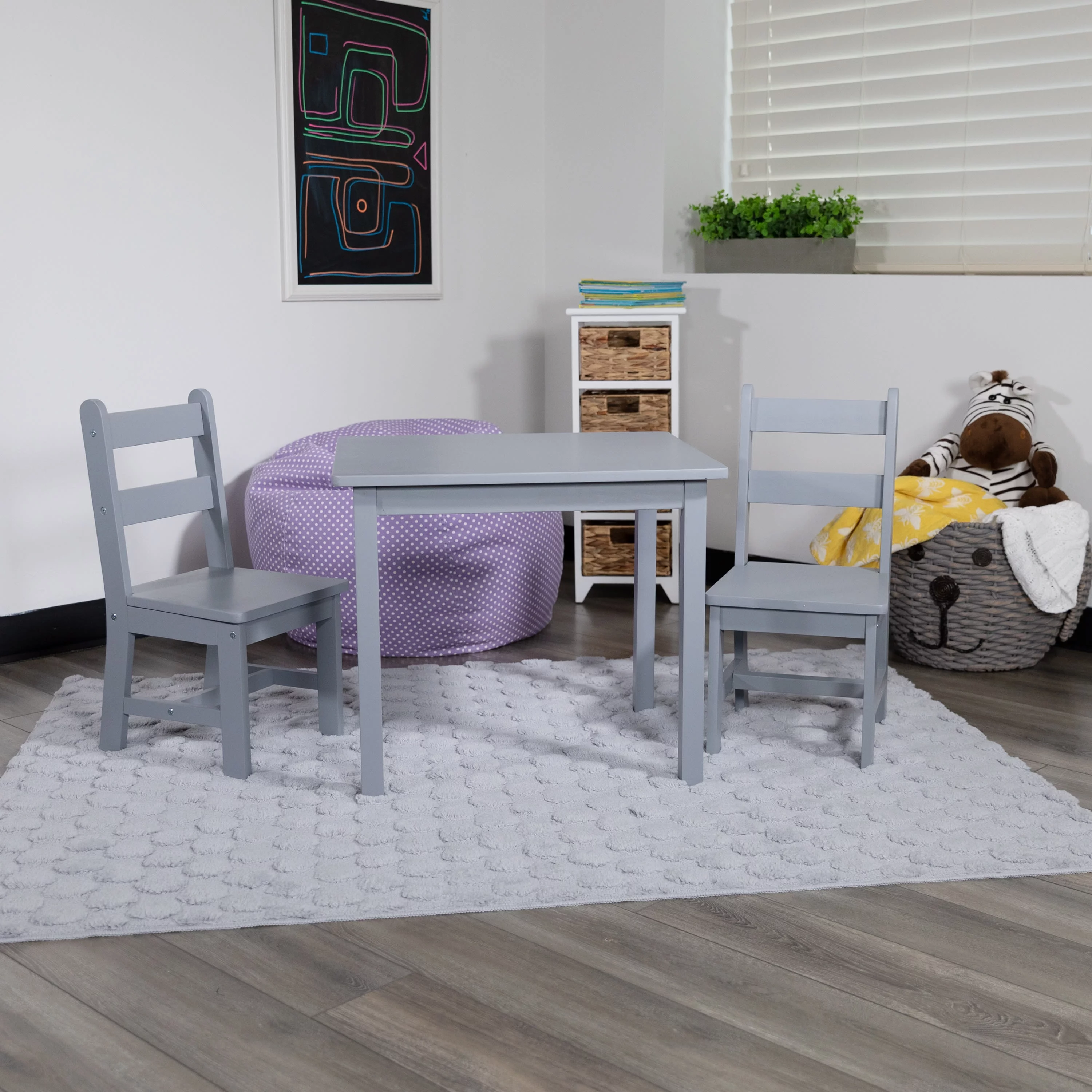 Emma + Oliver Kids 3 Piece Solid Hardwood Table and Chair Set for Playroom, Kitchen - Gray