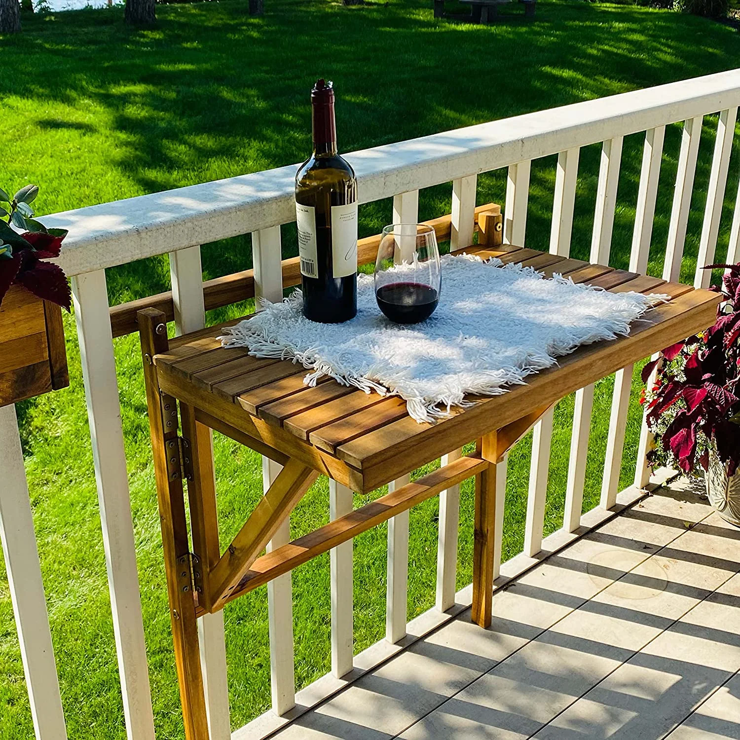 Outdoor Folding Balcony Table, Foldable Acacia Wood Deck Bar, Portable Apartment, Balcony, Railing, & Porch Furniture, 27-Inches W x 15 3/4-Inches D x 31.97-Inches H, Teak