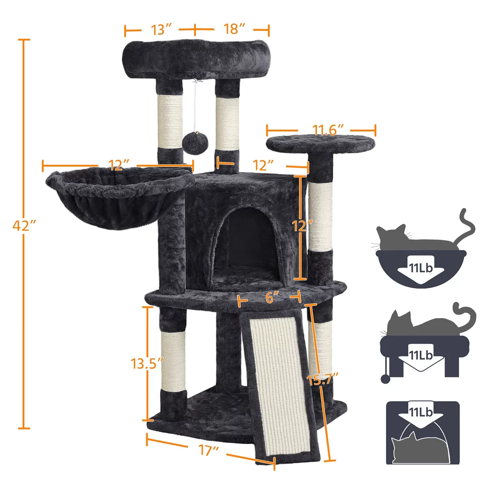 Easyfashion Professional Cat Tree Plush Tower with Basket for Small Kittens, Indoor, Black