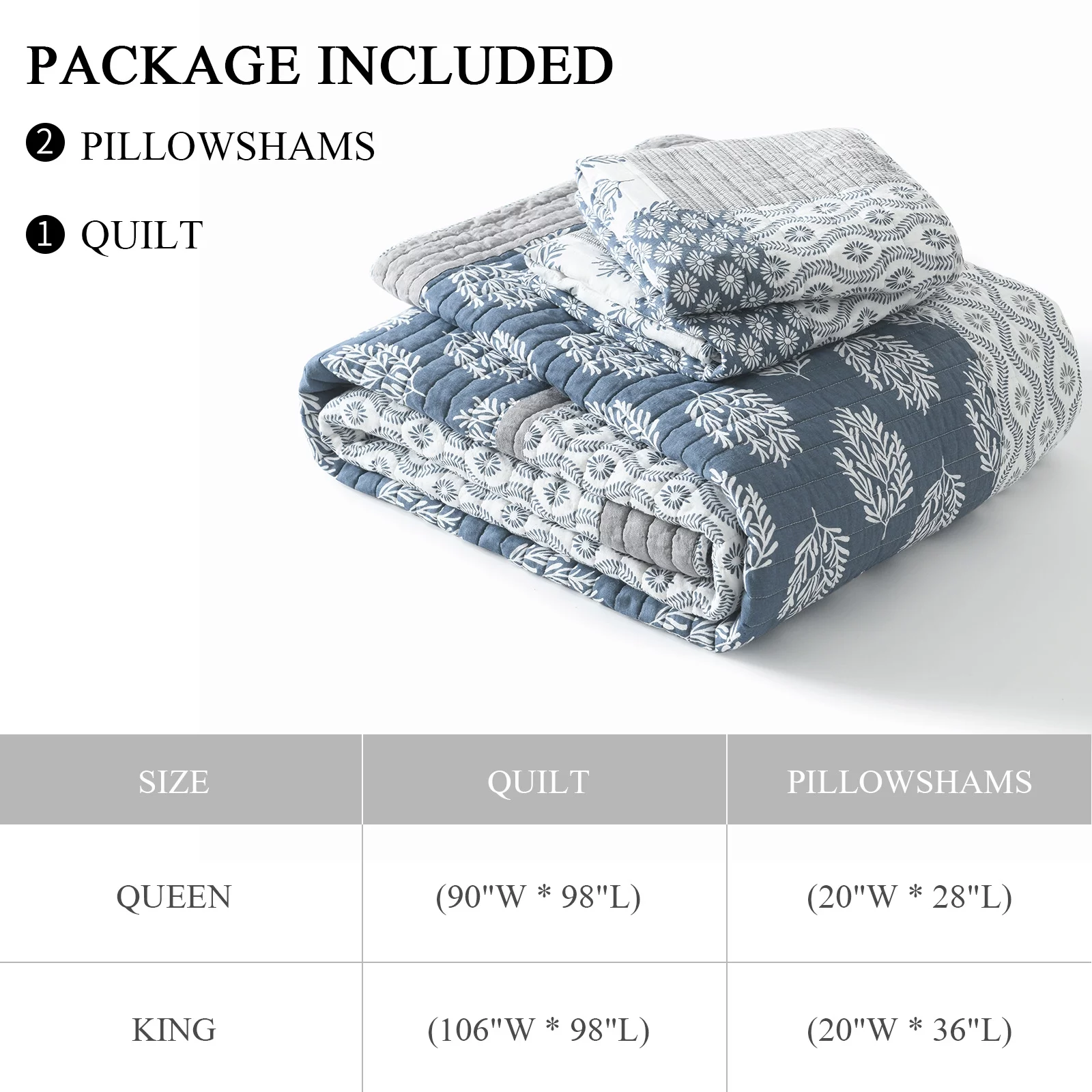 SahSahCasa Quilt Set Queen Size - 100% Cotton Lightweight Queen Quilt, Patchwork Farmhouse Floral Queen Comforter Quilted Bedspread, Blue Grey White Reversible Quilt Bedding Set All Season, 3 Pieces