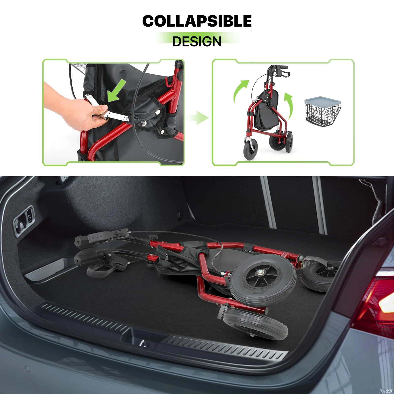 Magshion Folding Steel Rollator Walker, Rolling Walker with w/Oxford Bag & Detachable Basket for Adult, 3 Wheels 220lbs Weight Capacity, Burgundy Red Frame