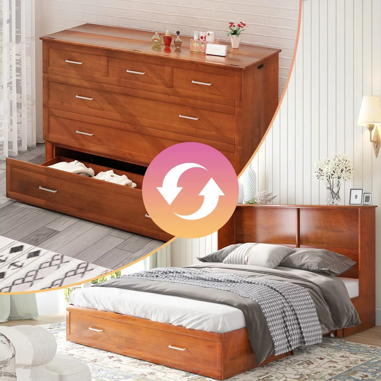 Mixoy Cabinet Murphy Bed Chest with Mattress,Charging Station,Drawers Cherry