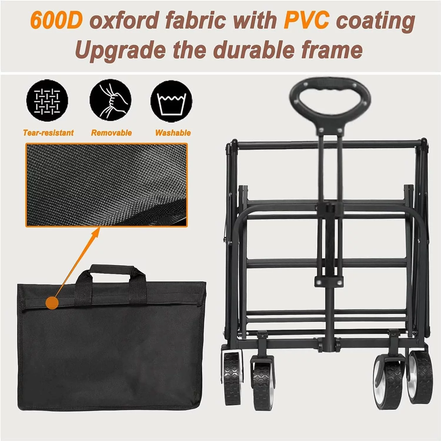 Collapsible Foldable Wagon, Beach Cart Large Capacity, Heavy Duty Folding Wagon Portable, Collapsible Wagon for Sports, Shopping, Camping (Black )