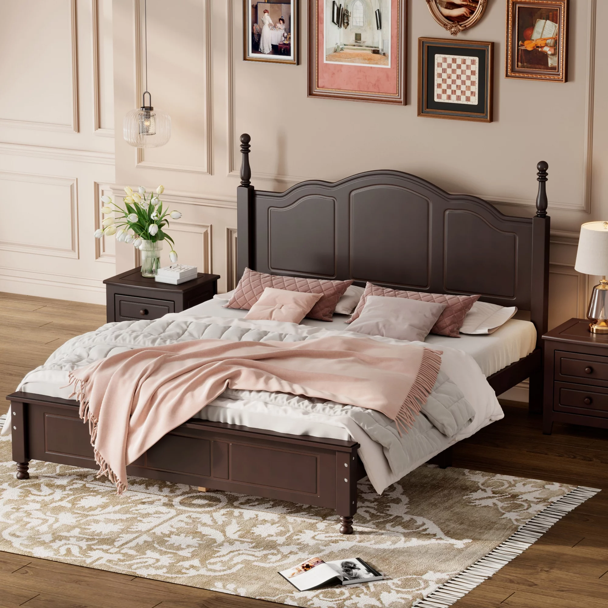 CoSoTower Queen Size Wood Platform Bed Frame,Retro Style Platform Bed with Wooden Slat Support,Dark Walnut