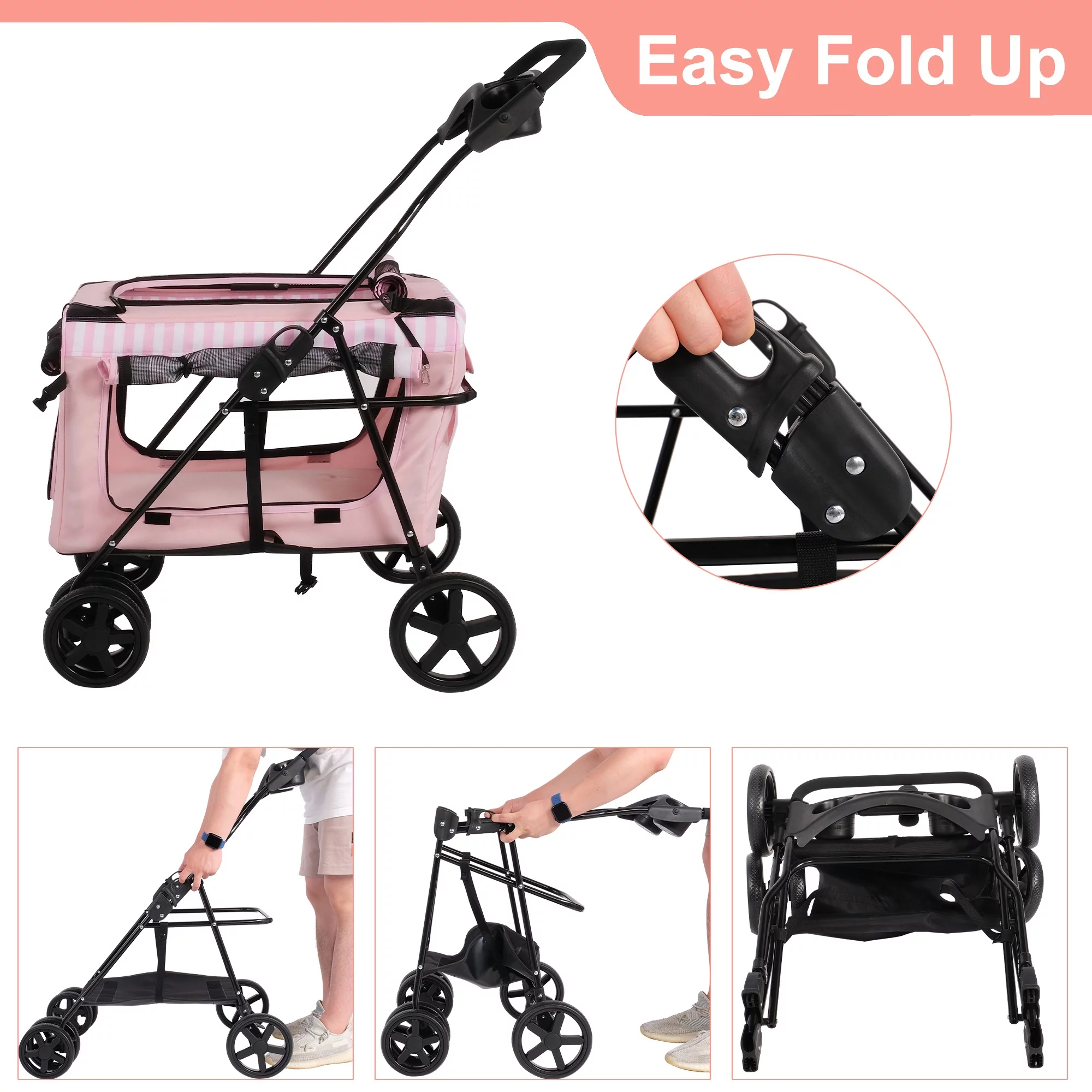 3-in-1 Folding Pet Dog Stroller, 4-Wheel Travel Dog Stroller with Water Cup Holder and Detachable Carrier Bag, Jogger with Pet Cat Kitten Puppy Carriages, Pink