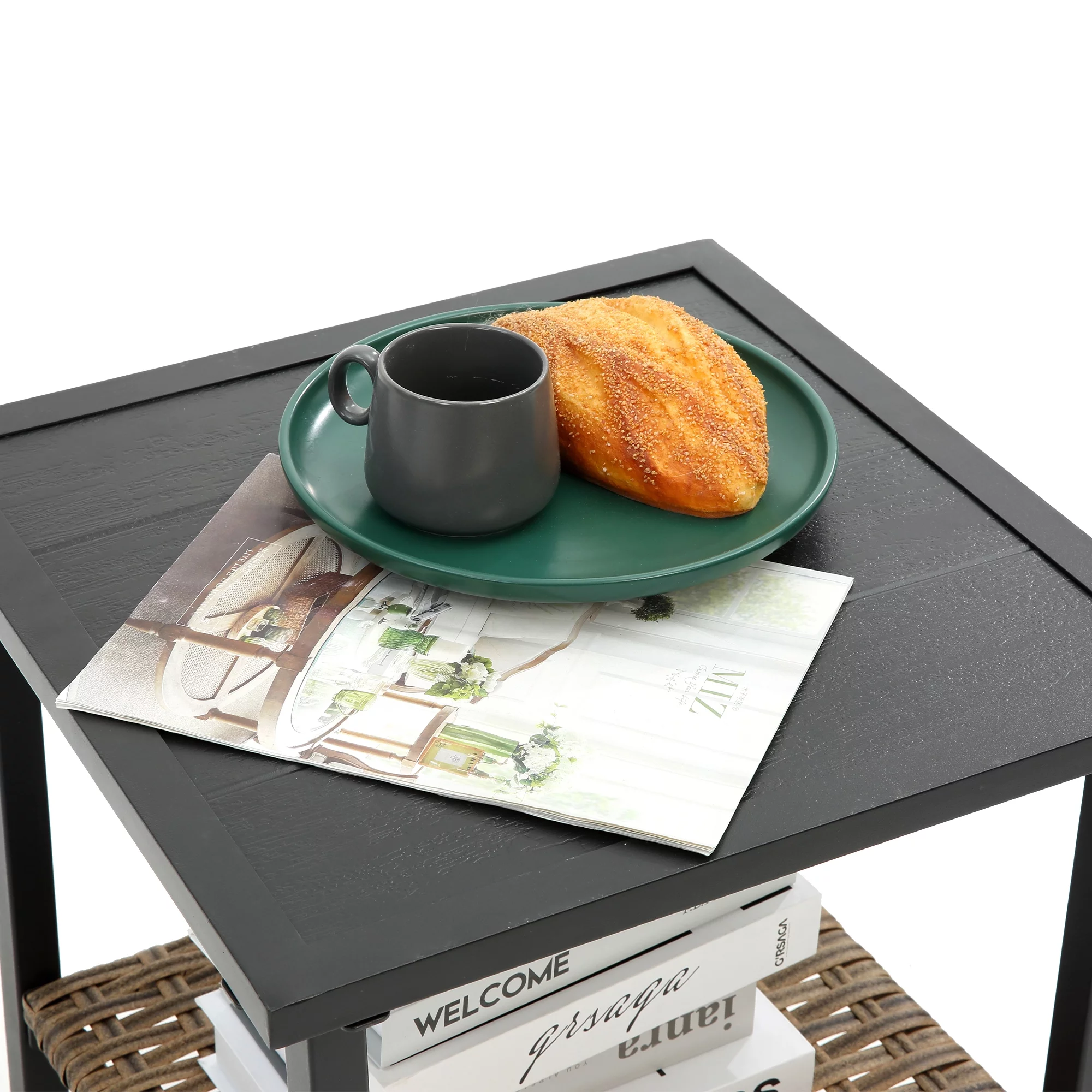 Highsound Outdoor Rocking Chairs Set of 2 with Side Table, 3 Piece Wicker Patio Bistro Set with Premium Fabric Cushions Outdoor Furniture (Brown Wicker Chair & Blue Cushion)