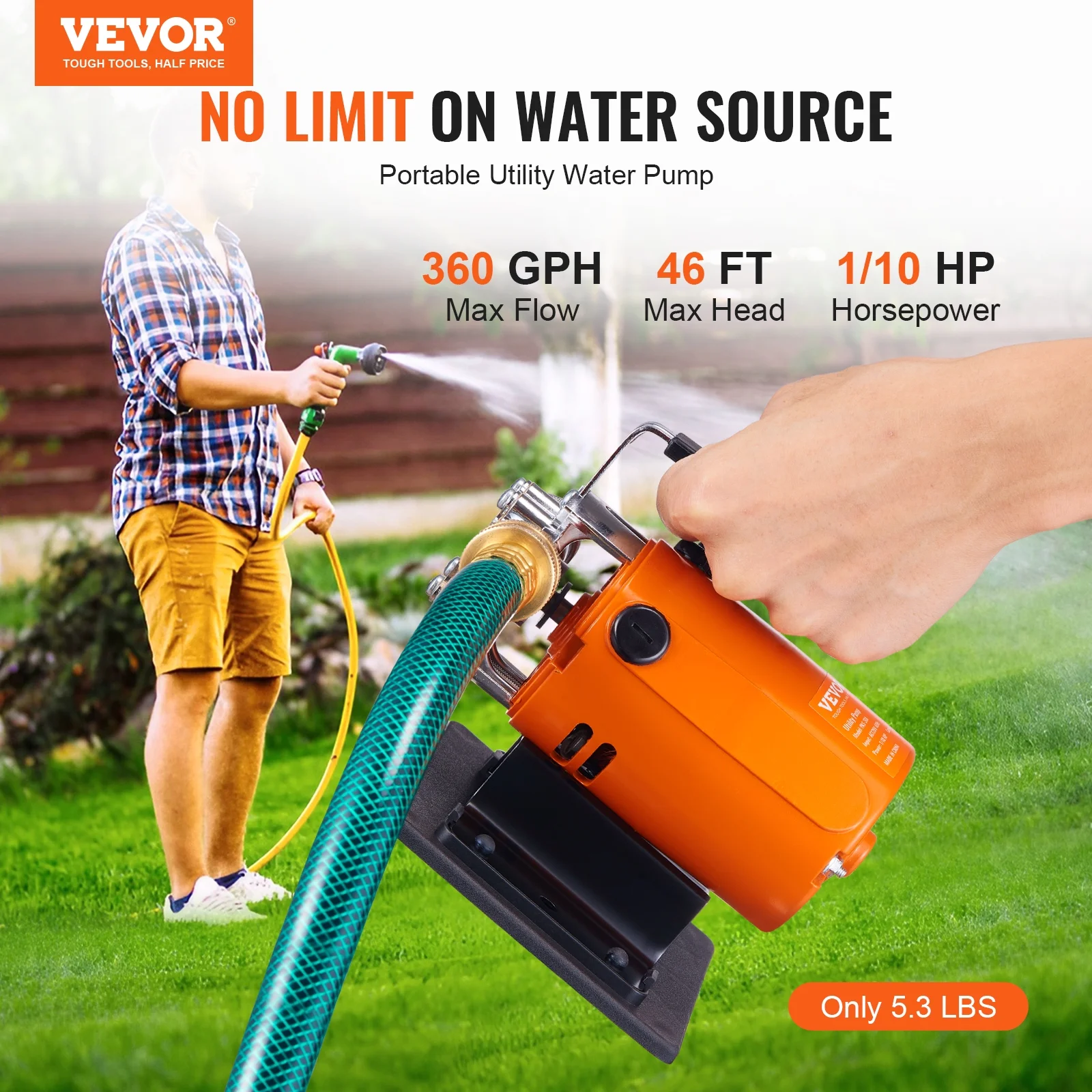 BENTISM Water Transfer Removal Pump Portable Utility Pump 120V 360 GPH 1/10HP Hose
