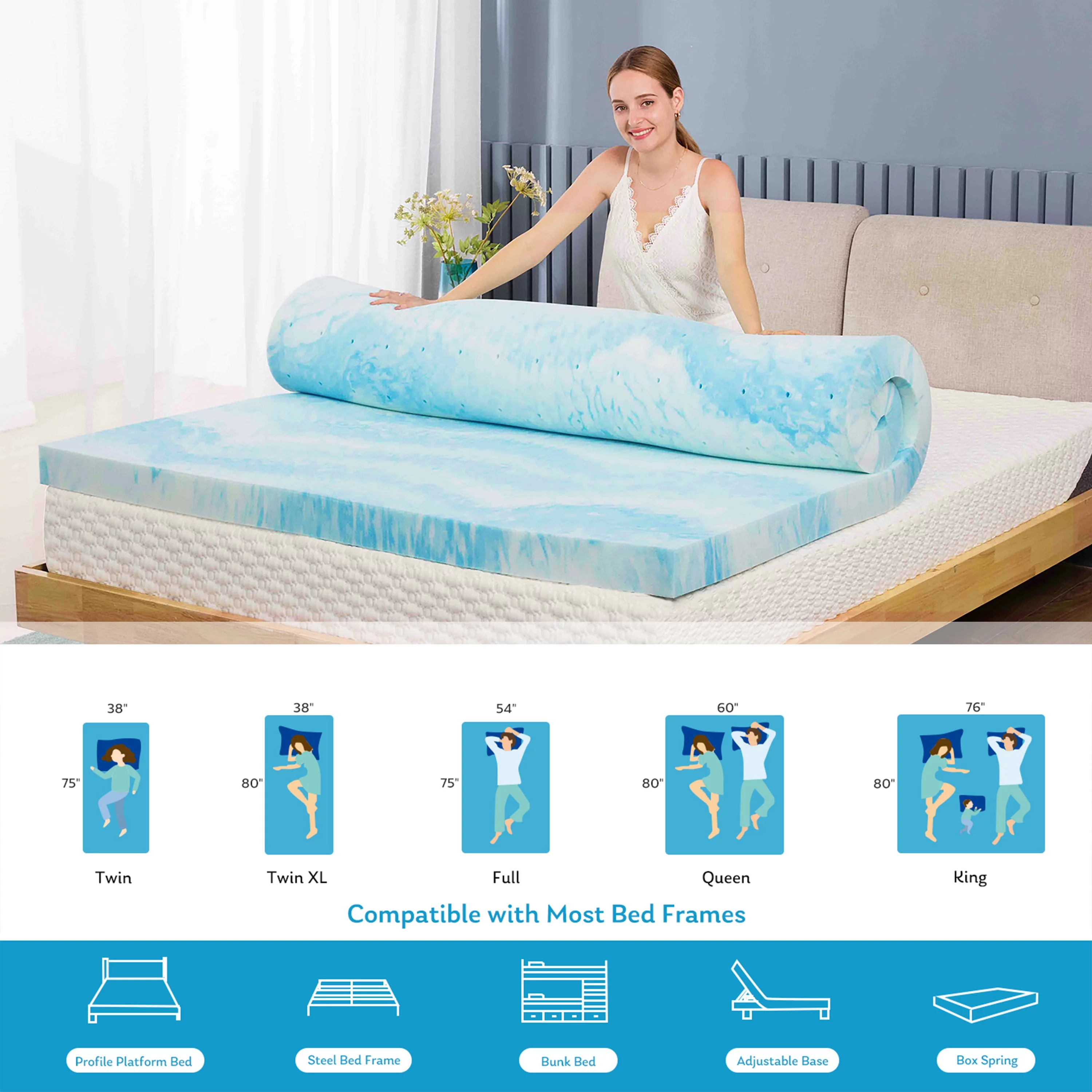 2 inch Twin Cooling Gel Infused Mattress Topper, Memory Foam Mattress Bed Pad,Soft, Blue