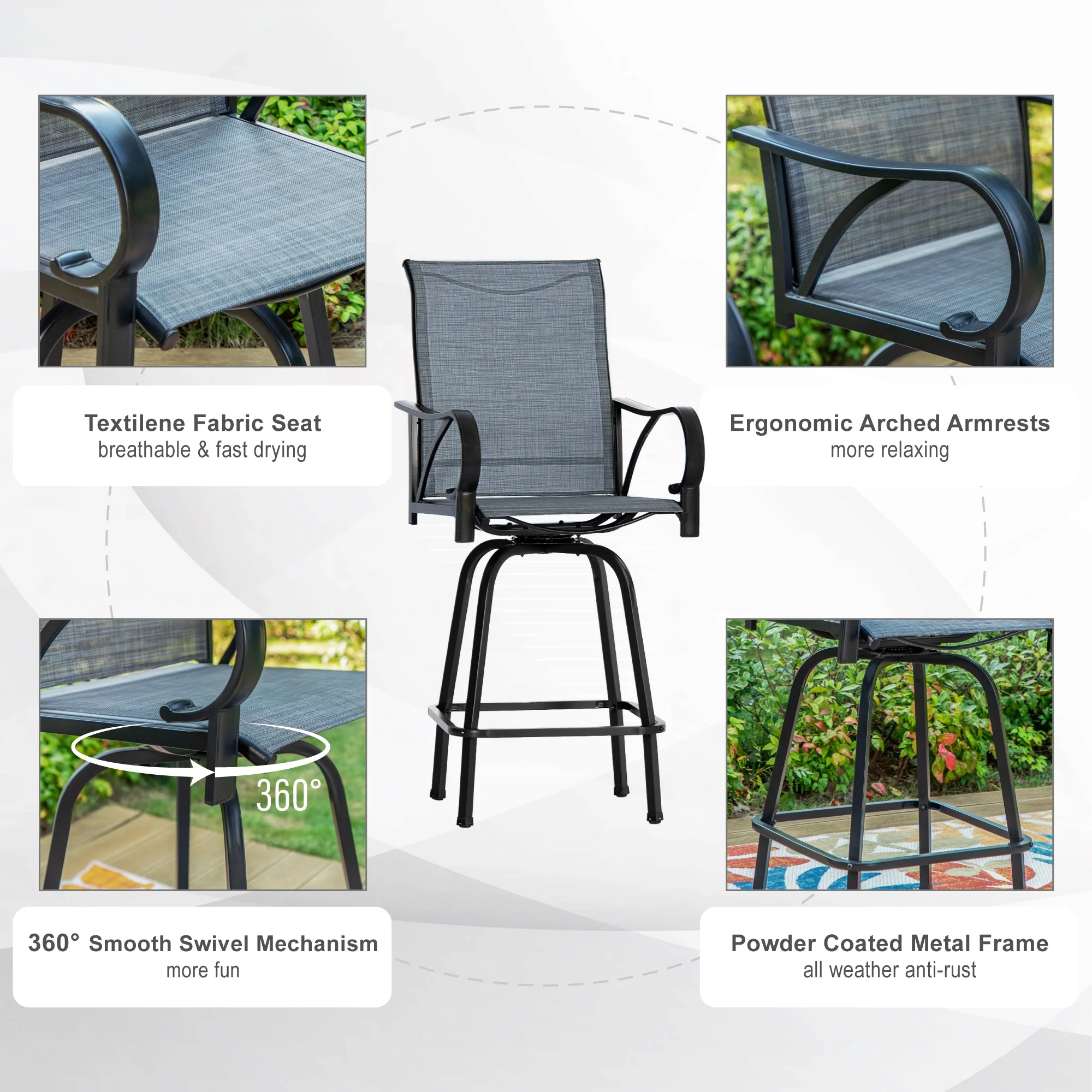 MF Stuido Outdoor Metal Swivel Bar Stools Set of 2,Patio Bar Counter Height Bistro Chairs,Black&Grey