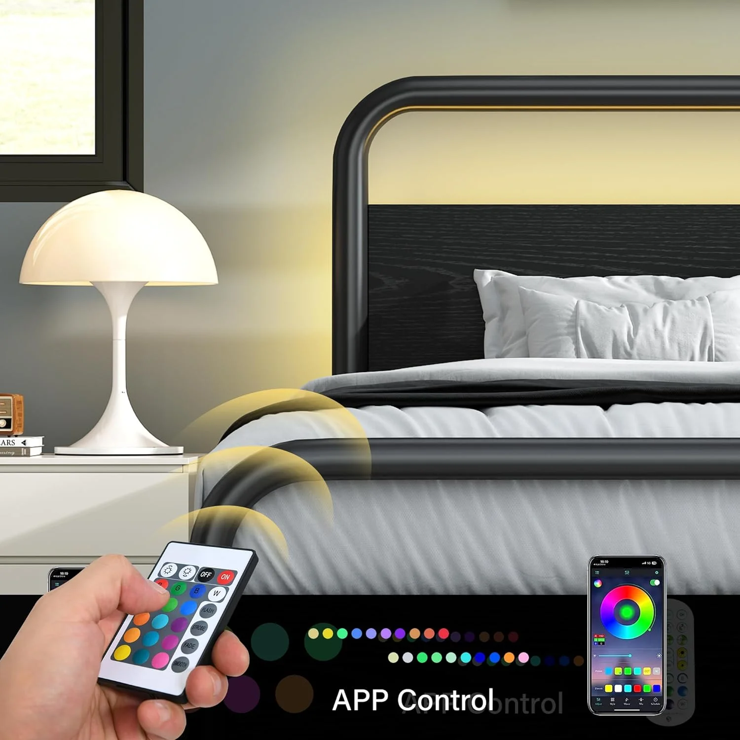 4 EVER WINNER Twin Size Bed Frame with LED Light Headboard, LED Platform Metal Bed Frame with Rustic Wooden Headboard, Black