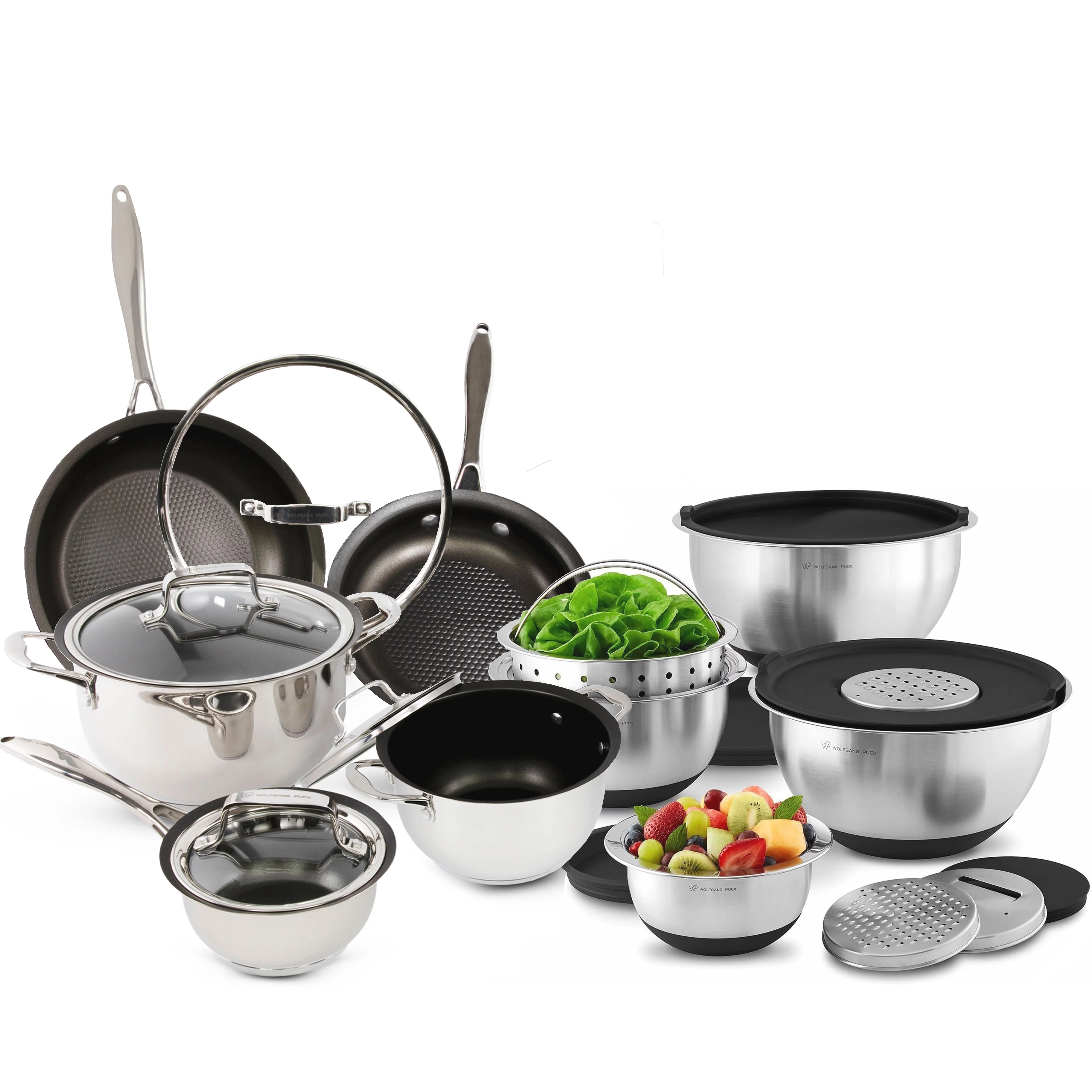 Wolfgang Puck 21-Piece Stainless Steel Cookware and Mixing Bowls Set, Non-Stick Pots, Pans & Skillets