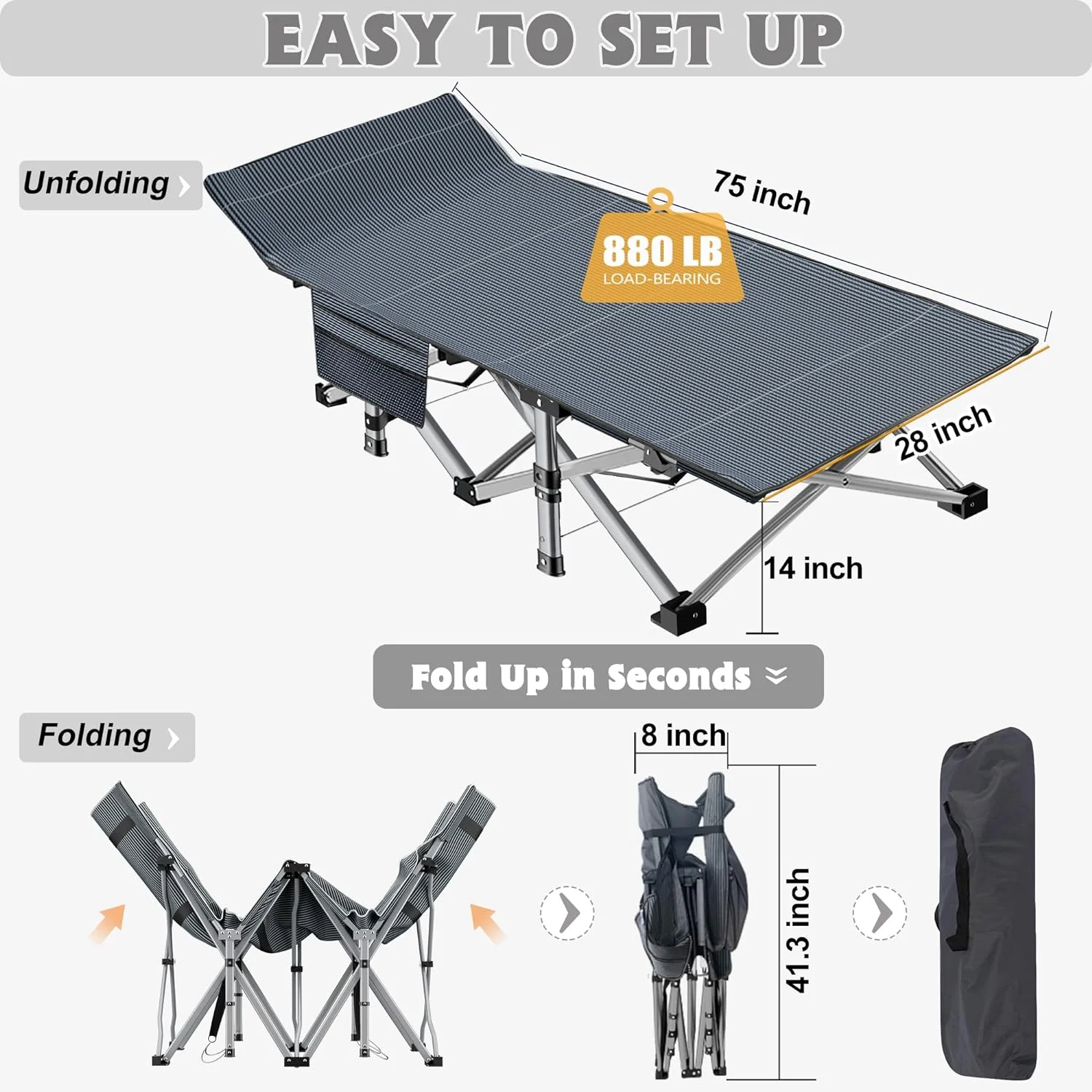 ABORON Folding Camping Cot W/Mat for Adults, Heavy Duty Outdoor Bed with Carry Bag,1200 D Layer Oxford Travel Camp Cots