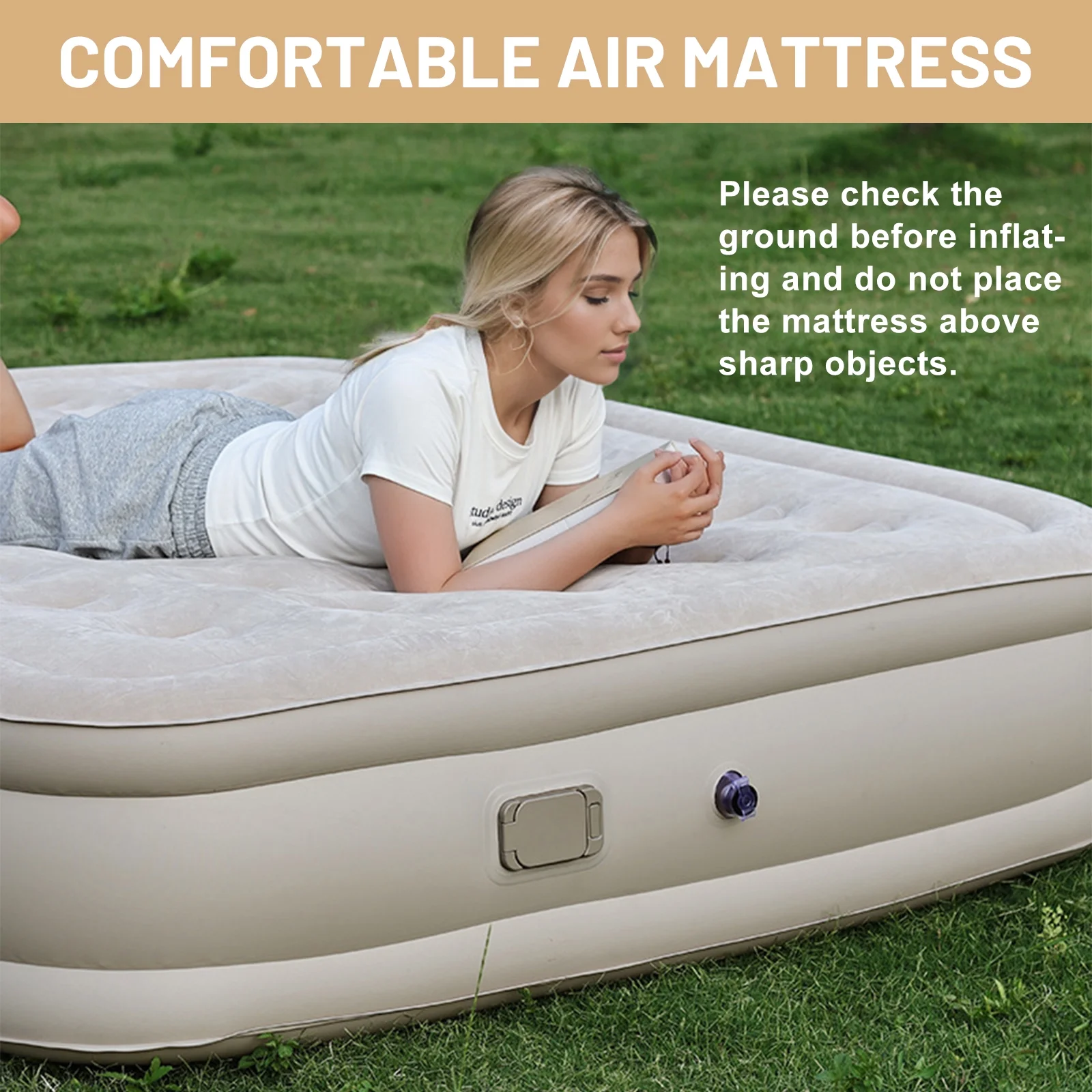 Inadays Twin Air Mattress with Built-In Pump Queen Blow Up Mattress 3 Mins Self Inflatable Air Bed Comfort Top Velvety Sleeping Surface for Guest Camping Home Portable Travel