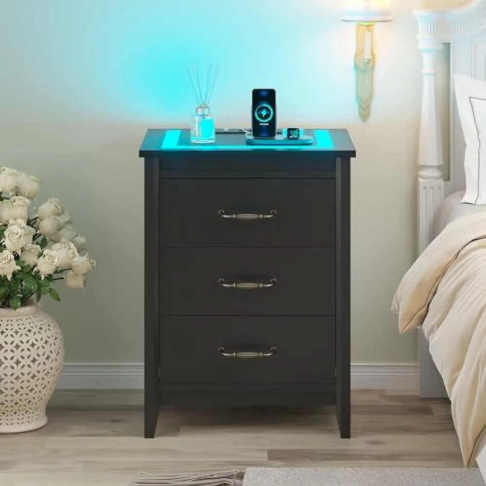 GEROBOOM Nightstand with Charging Station & LED Lights  Bedside Table Night Stand for Bedroom  LED Nightstand with Drawers  End Table with USB Ports & 2 AC Outlets  Black