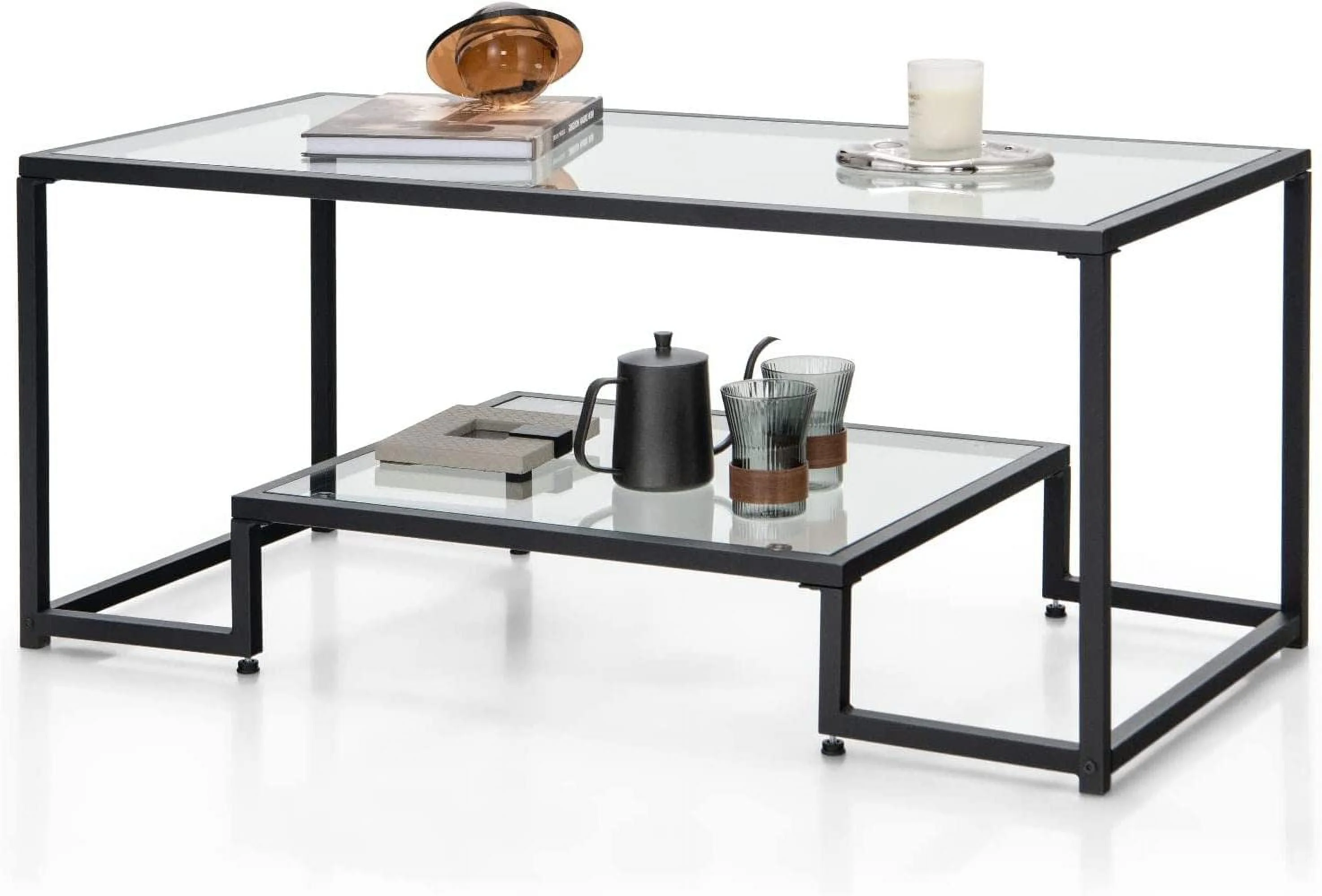 U-SHARE Coffee Table, Black Modern Tempered Glass Coffee Table, 45 Inch Rectangular Center Table with Glass-Top Lower Storage Shelf, Sturdy Metal Frame, for Living Room Home Office