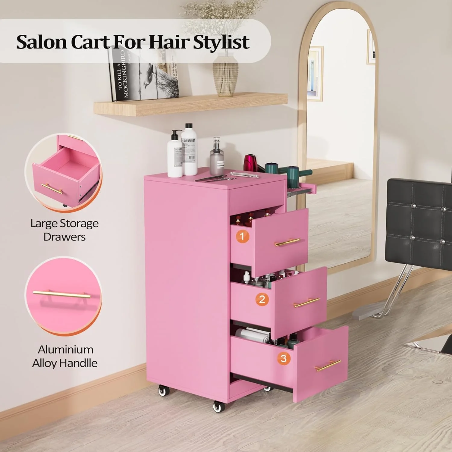 OmySalon Wood Salon Trolley Cart with Wheels, Hair Cart Mobile Storage Cabinet, Hairdressing Styling Tools Organizer, Rolling Salon Station for Beauty Spa Barbershop Tattoo, Pink
