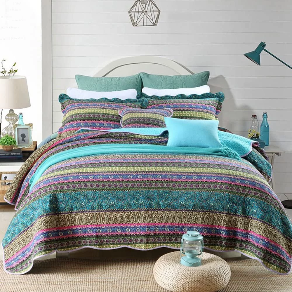 NEWLAKE Striped Jacquard Style Cotton 3-Piece Patchwork Bedspread Quilt Sets King Size