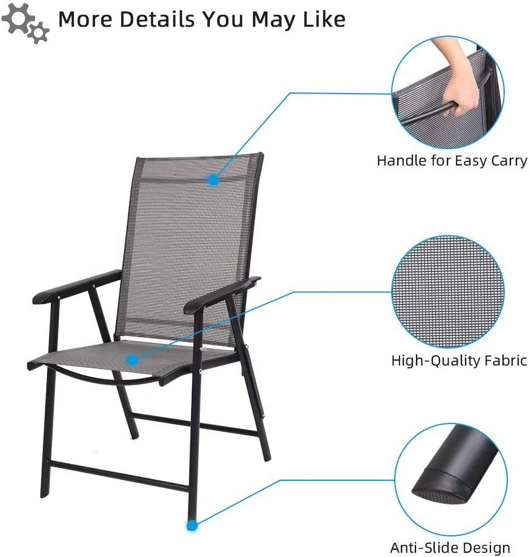 Upgraded Version Set of 4 Folding Chairs with Arms, Portable Patio Chairs for Outdoor & Indoor, Sling Back Chairs for Lawn, Pool, Courtyard, Balcony & Garden (Black)