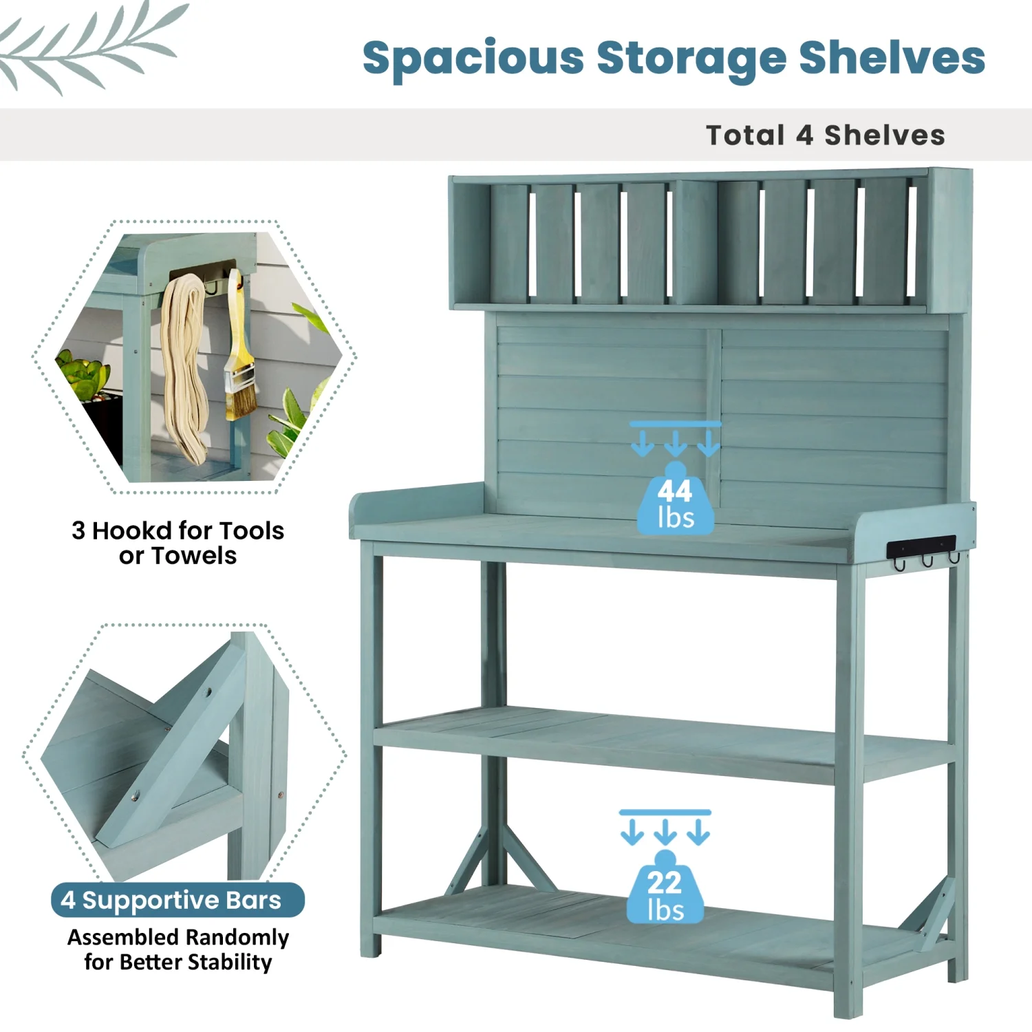 Large Green TOPMAX Rustic Outdoor Farmhouse Potting Bench Table with 4 Storage Shelves  65” Patio Workstation  and Side Hook - Perfect for Garden Enthusiasts