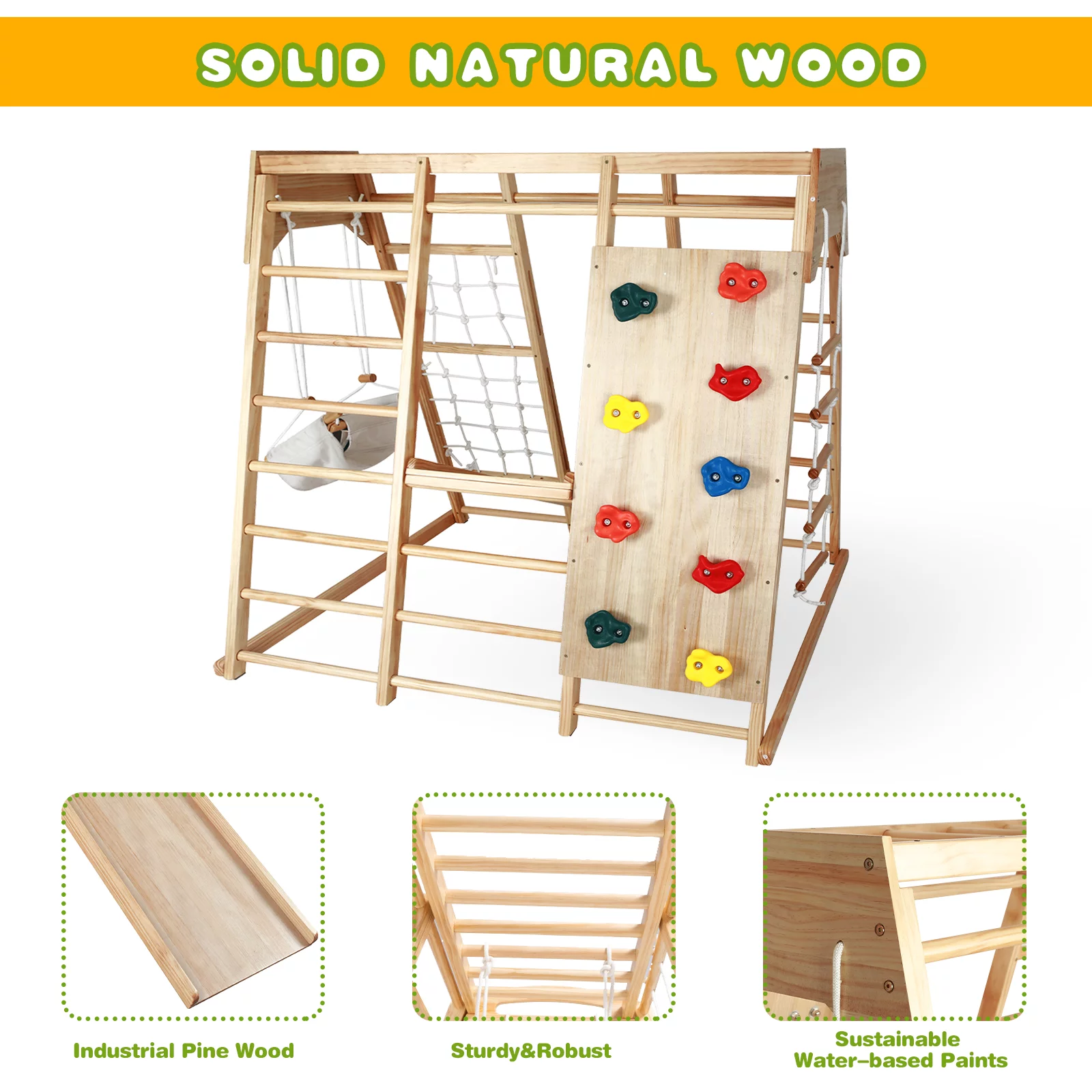 Fionafurn Indoor Outdoor 7-in-1 Kids Gym Playground Climbing Toys, with Swing, Slide, etc, Girls& Boys, Wooden, Natural