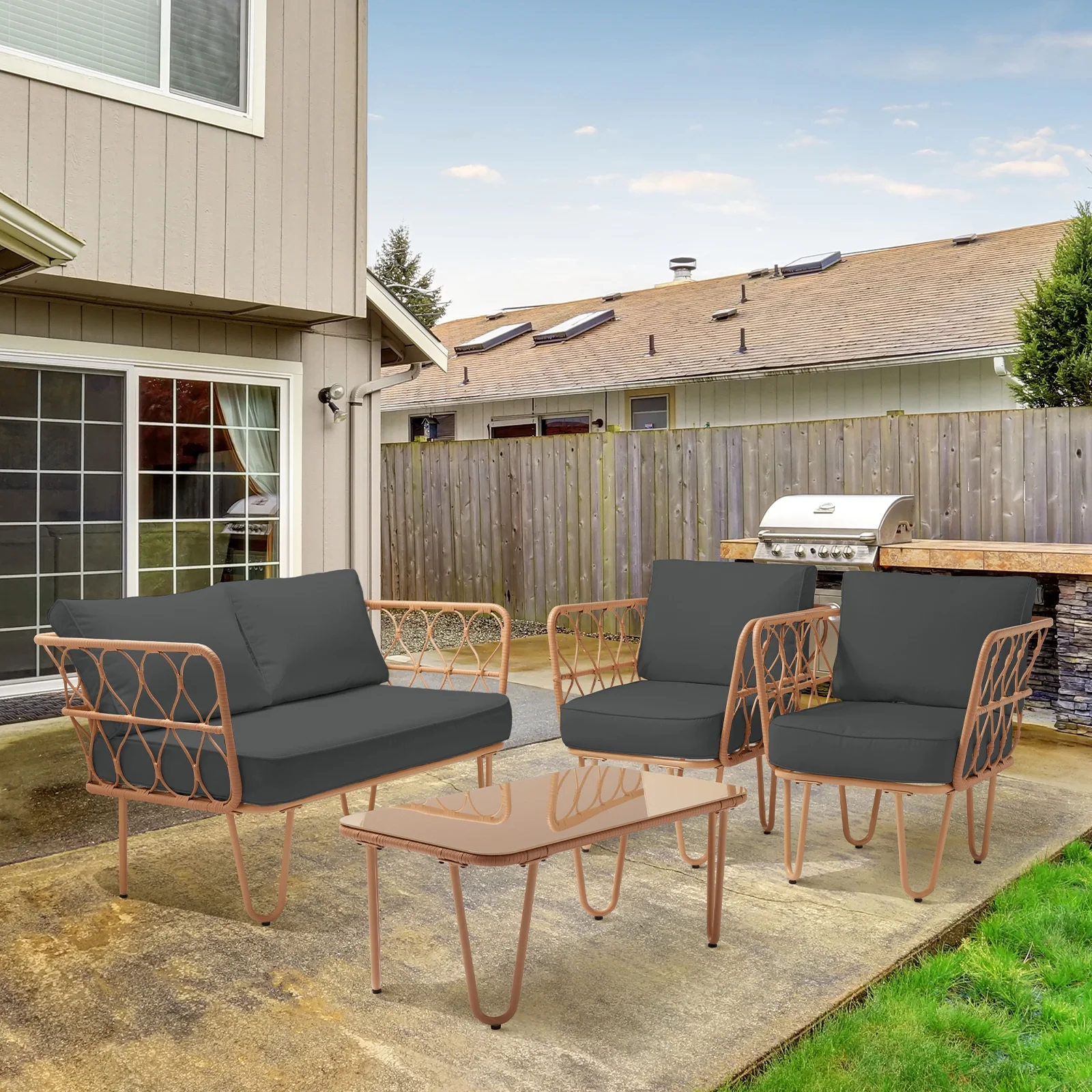 WangSiDun 4 Pieces Patio Furniture Set, Balcony Bistro Set Outdoor All Weather Rattan Conversation Set with Loveseat Chairs Table Cushions, Gray