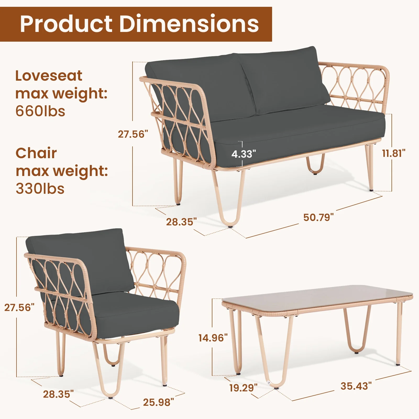 WangSiDun 4 Pieces Patio Furniture Set, Balcony Bistro Set Outdoor All Weather Rattan Conversation Set with Loveseat Chairs Table Cushions, Gray