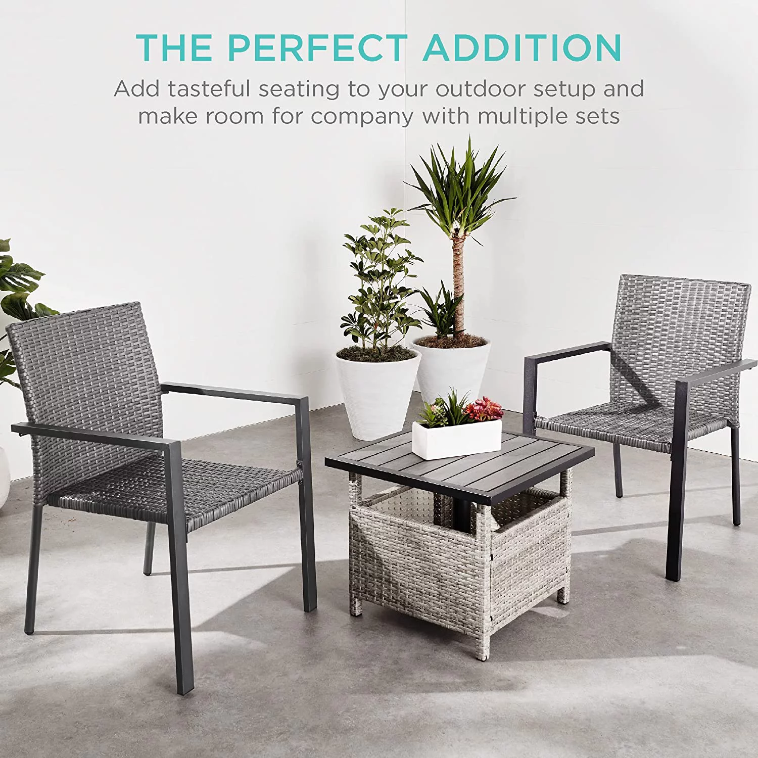 Set of 2 Stackable Outdoor Wicker Dining Chairs All-Weather Firepit Armchair w/Armrests, Steel Frame for Patio, Deck, Garden, Yard - Brown