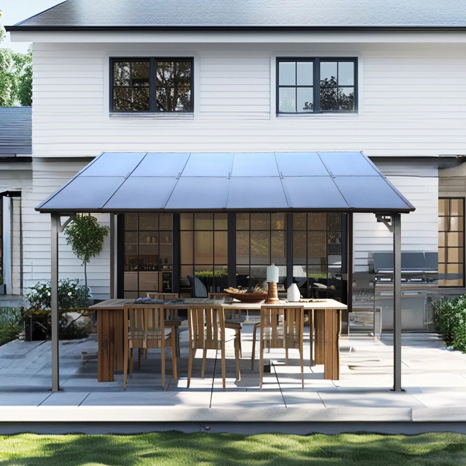 Large Heavy Duty Wall-Mounted Lean to Metal Awning Gazebo with Roof for Patio Decks Backyard - 10‘ x 12‘ Outdoor Pergola Gazebo