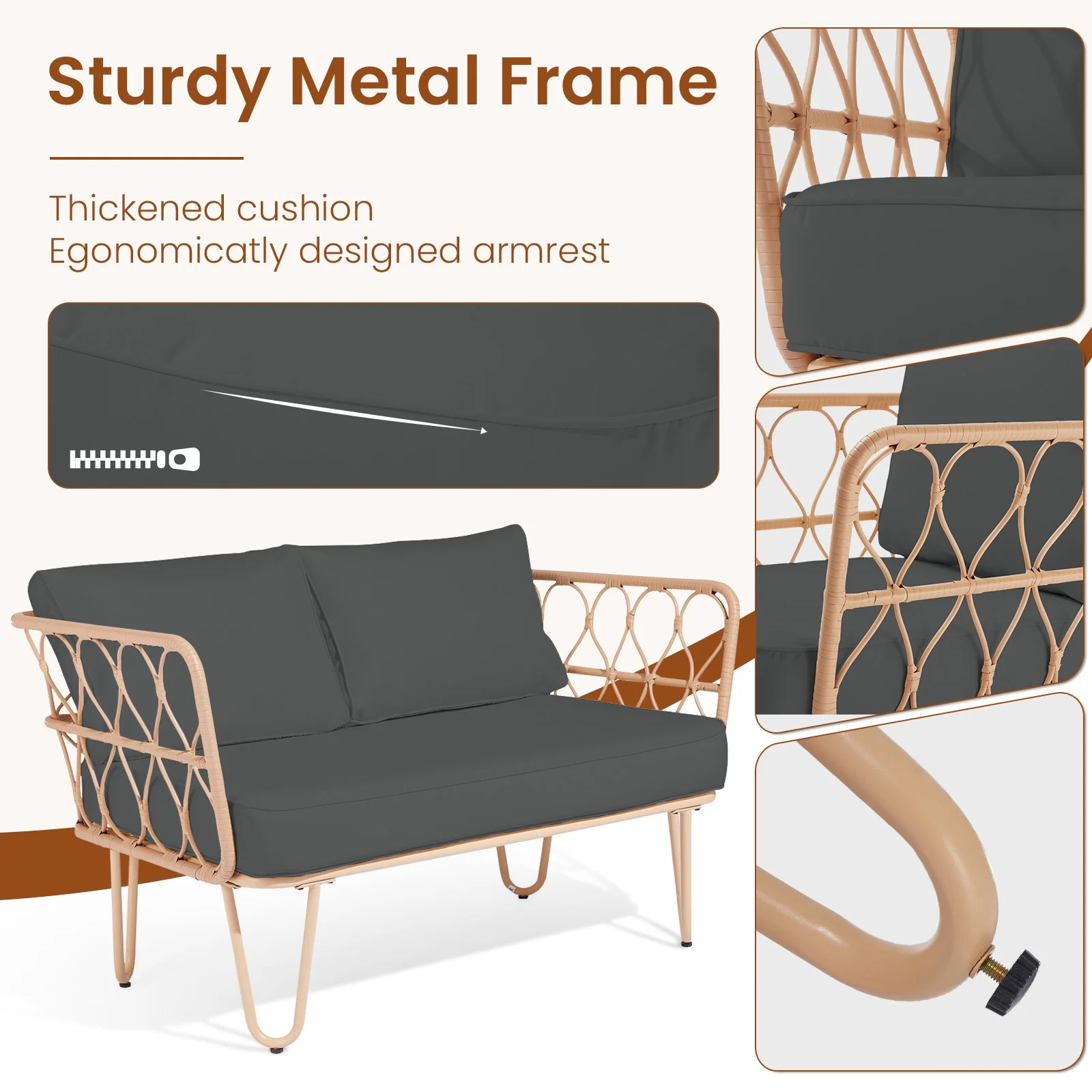 WangSiDun 4 Pieces Patio Furniture Set, Balcony Bistro Set Outdoor All Weather Rattan Conversation Set with Loveseat Chairs Table Cushions, Gray
