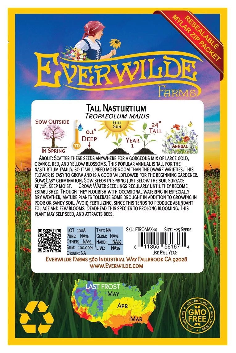Everwilde Farms - 25 Mixed Nasturtium Garden Flower Seeds - Gold Vault Jumbo Bulk Seed Packet