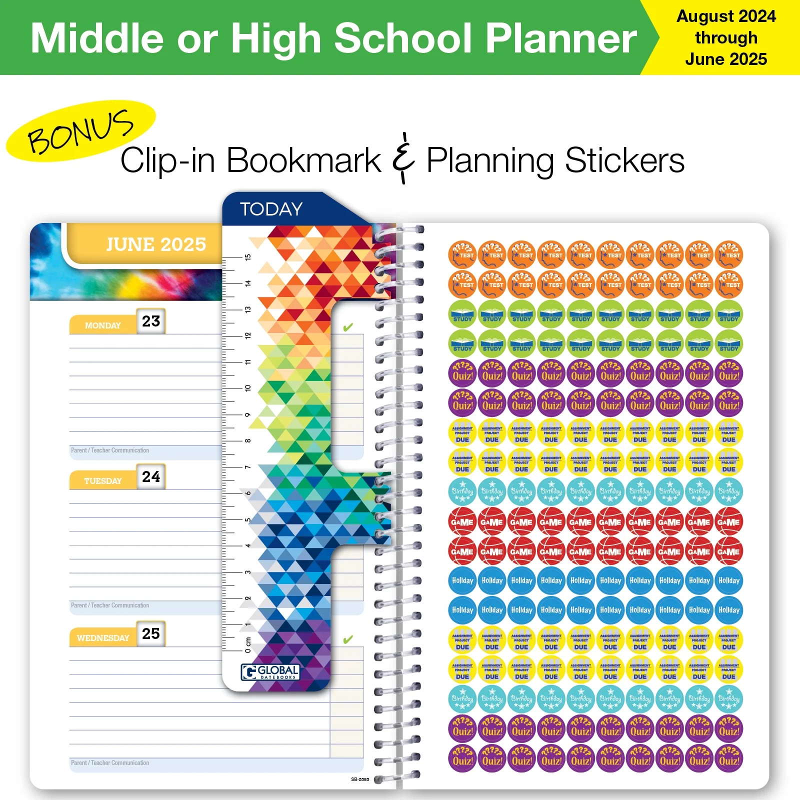 Global Datebooks Dated Middle or High School Secondary Student Planner for Academic Year 2024-2025 Includes Ruler/Bookmark and Planning Stickers (Block Style - 5.5