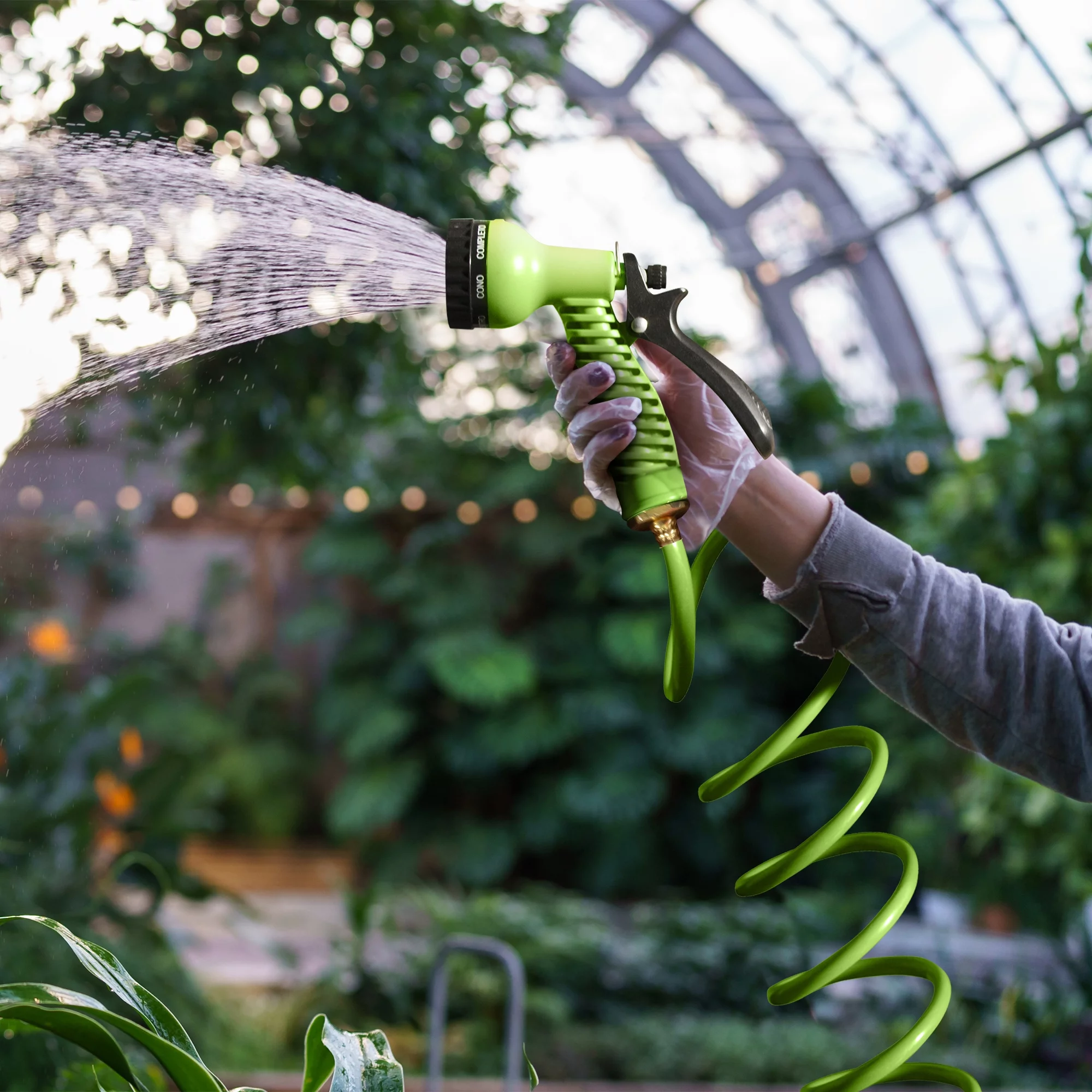 Eternal Living 50 ft Coil Garden Hose with 7-Pattern Function Sprayer and Brass Connectors, Green