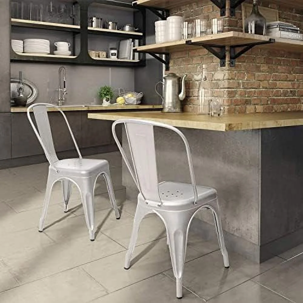 MQLIFEBOOM Metal Indoor-Outdoor Use Stackable Kitchen Trattoria Side Chic Dining Bistro Cafe Chairs with Back Set of 4 (Distressed Blue)