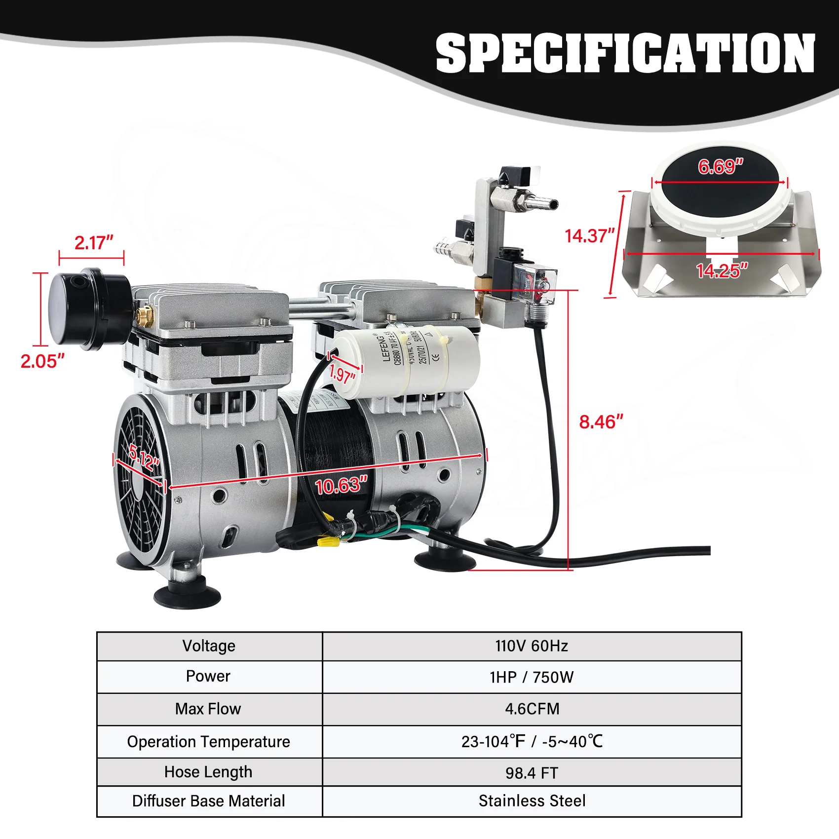 TCFUNDY 750W Pond Aerator, 1HP Lake Aeration System with 2 Diffusers, Efficient Air Pump Compressor for Water Oxygen Circulation, 4.6CFM for up to 3 Acre, 33ft Depth