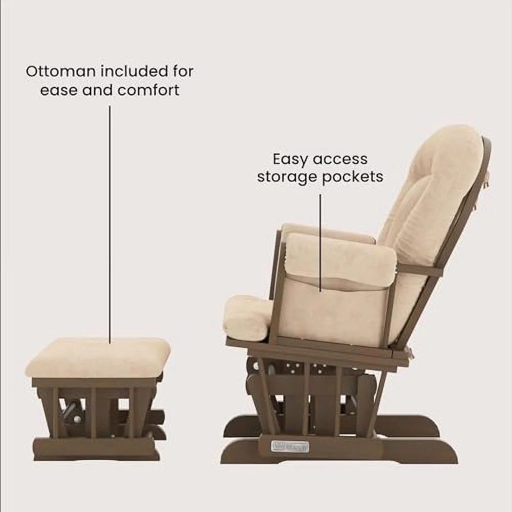 CGFHYP Cozy Glider Rocker and Ottoman Set  Padded Cushion with Convenient  Pockets  Solid Wood Base & Frame (Matte White with Gray Cushion)