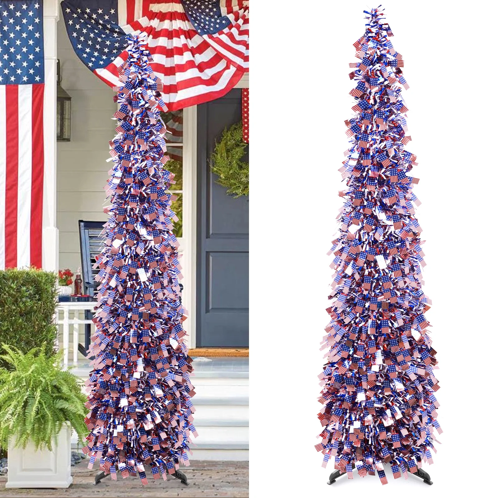 Ayieyill 4th of July Decor Patriotic Decorations, 5ft Pop up Tree Patriotic American Tree, Fourth of July Decorations Party Supplies(Red White and Blue )