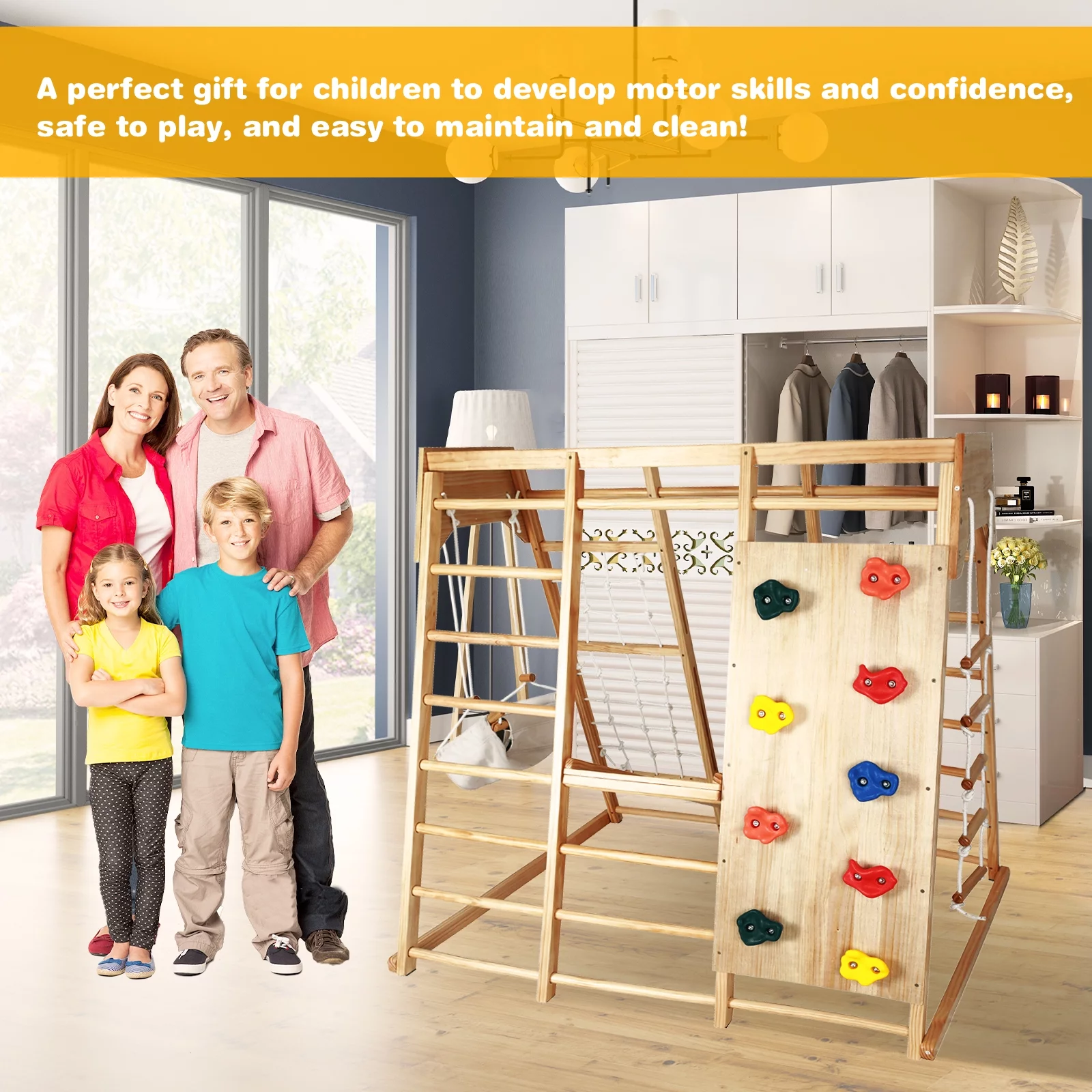 Fionafurn Indoor Outdoor 7-in-1 Kids Gym Playground Climbing Toys, with Swing, Slide, etc, Girls& Boys, Wooden, Natural