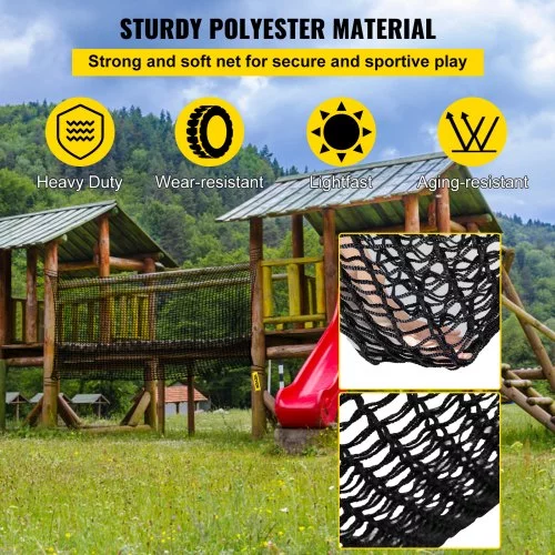 VEVOR Climbing Cargo Net, 14.8 x 14.8 ft Playground Climbing Cargo Net, Polyester Double Layers Cargo Net Climbing Outdoor w500lbs Weight Capacity, Rope Bridge Net for Tree House, Monkey Bar, Black