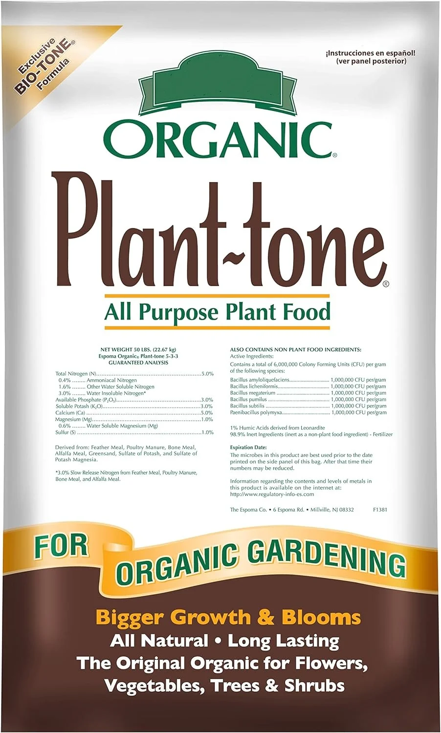 Organic Plant-Tone 5-3-3 Natural & Organic All Purpose Plant Food; 50 lb. Bag; The Original Organic Fertilizer for All Flowers, Vegetables, Trees, and Shrubs