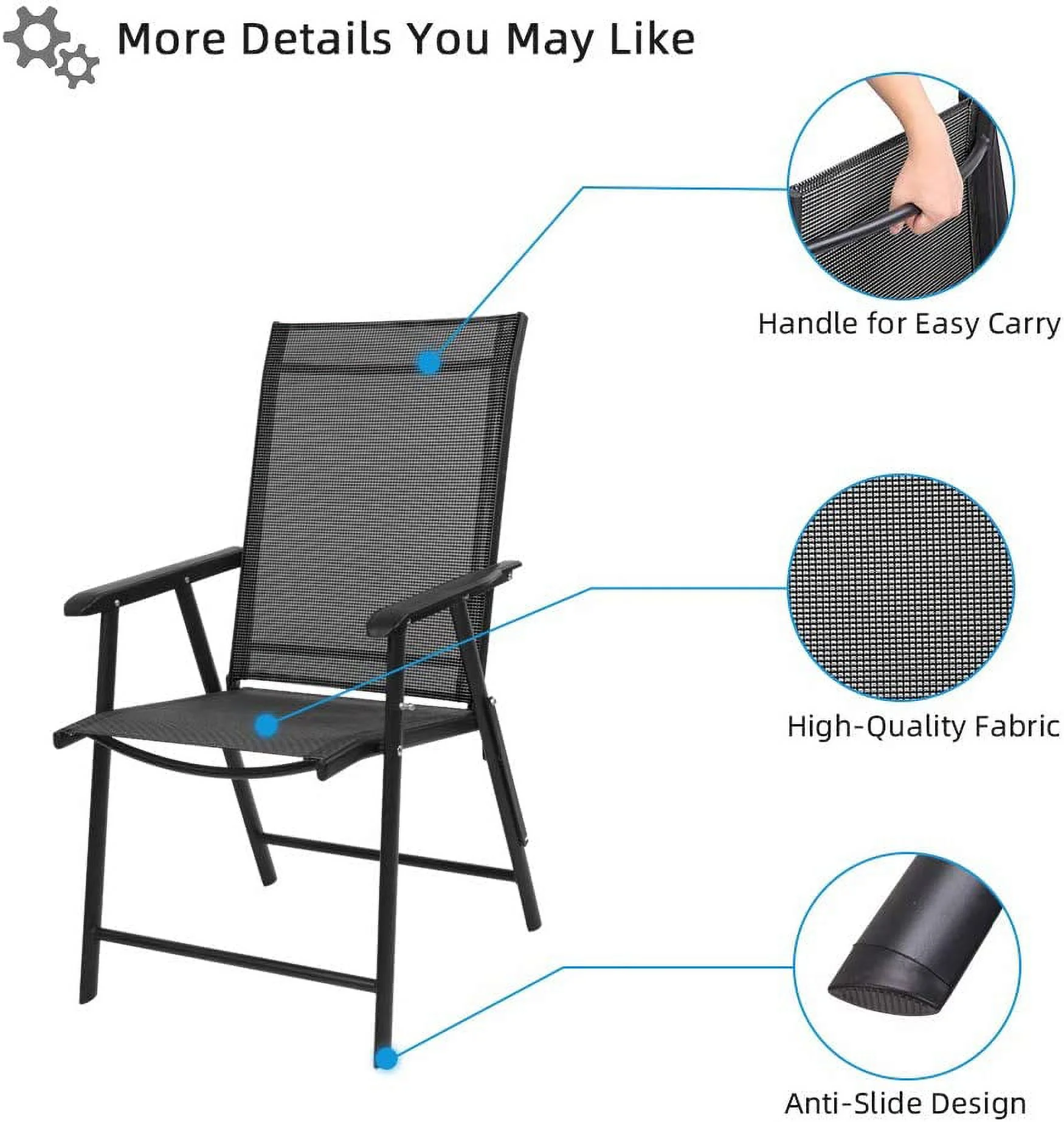 Upgraded Version Set of 4 Folding Chairs with Arms, Portable Patio Chairs for Outdoor & Indoor, Sling Back Chairs for Lawn, Pool, Courtyard, Balcony & Garden (Black)