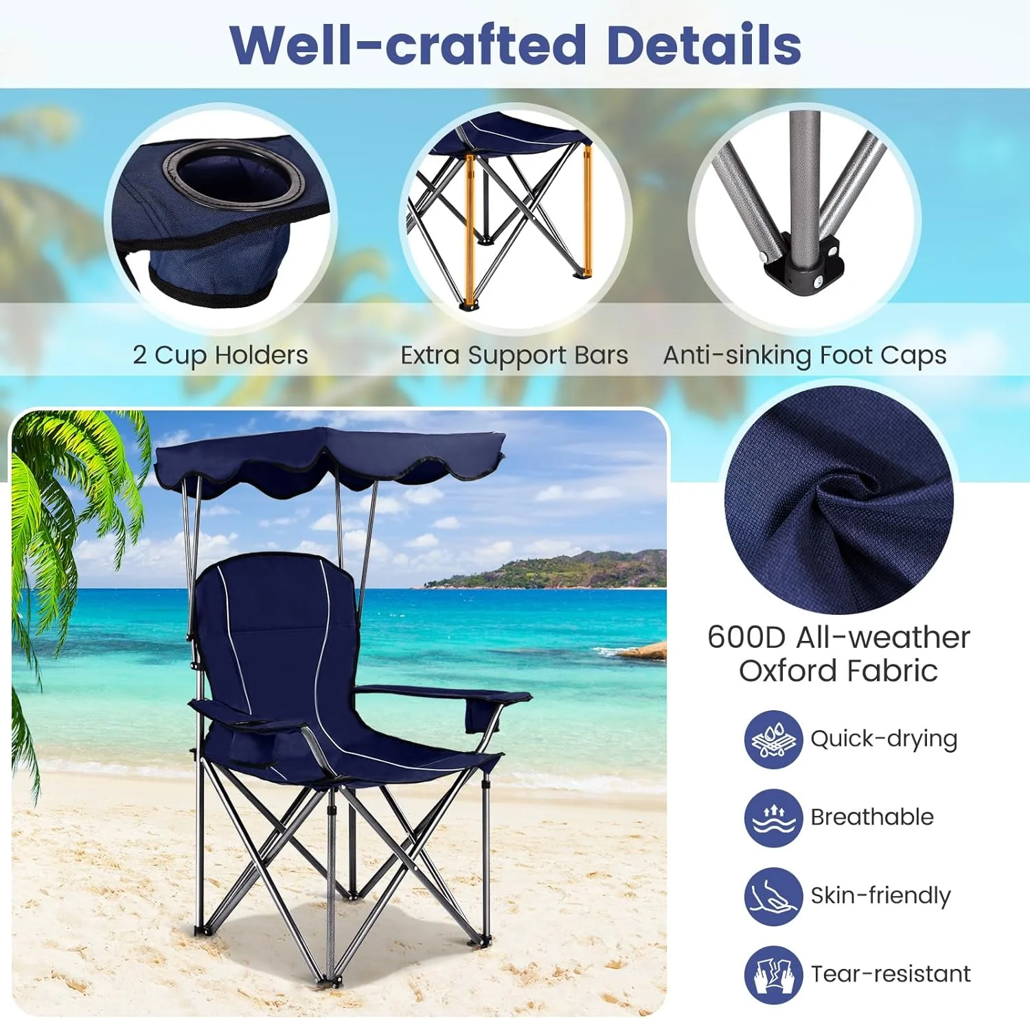 FETON Beach Chair with Canopy Shade, Folding Lawn Chair with Umbrella Cup Holder & Carry Bag, Portable Sunshade Chair for Adults for Outdoor Travel Hiking Fishing (Blue)