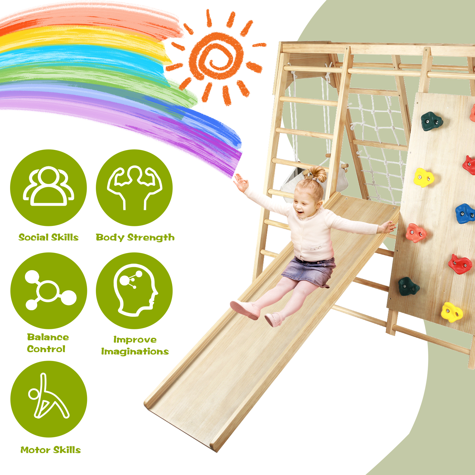 Fionafurn Indoor Outdoor 7-in-1 Kids Gym Playground Climbing Toys, with Swing, Slide, etc, Girls& Boys, Wooden, Natural