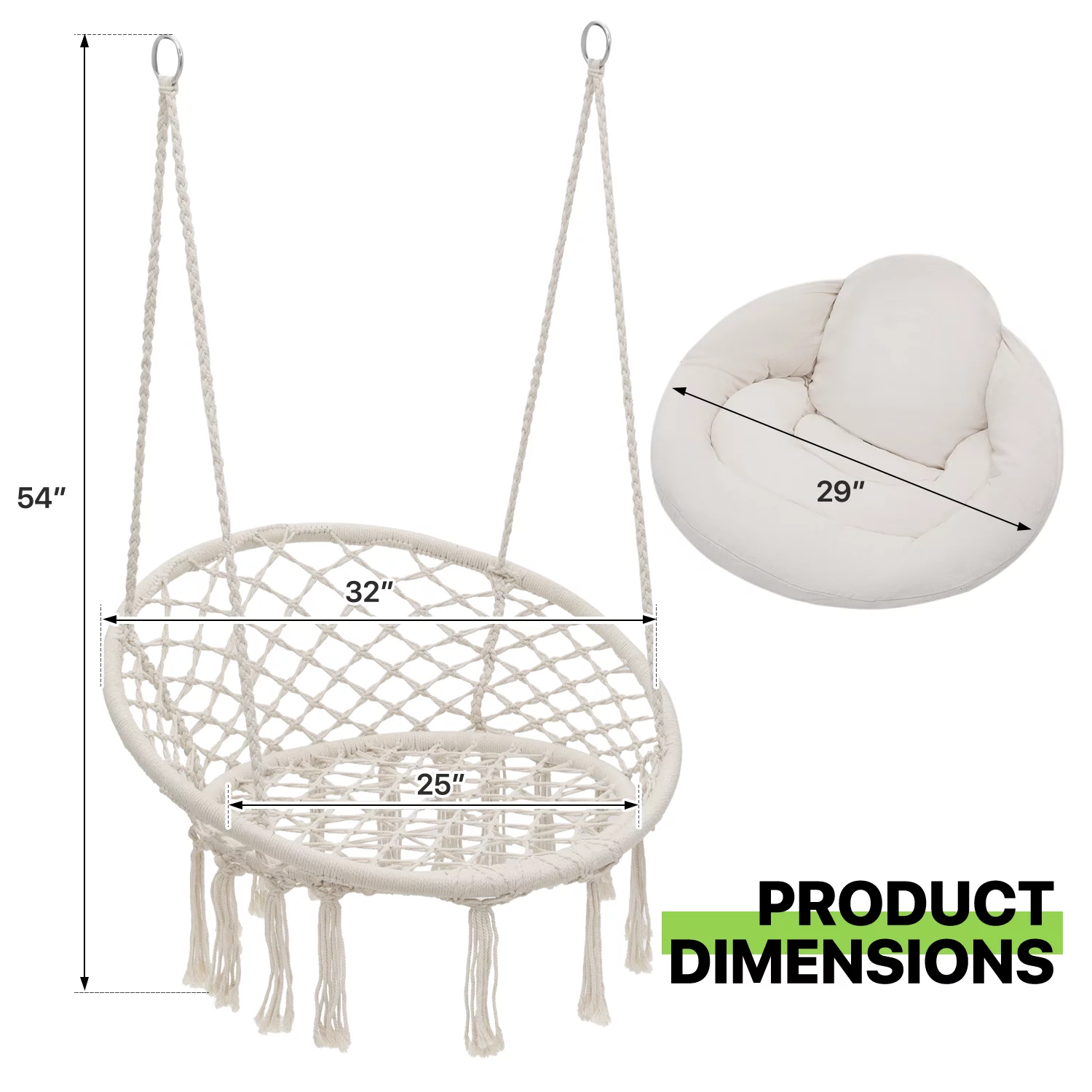 Magshion Hammock Chair Macrame Swing Chair with Cushion, 350lbs Weight Capacity, Hanging Chair Cotton Rope Hammock Chair Swing for Indoor and Outdoor Use, White