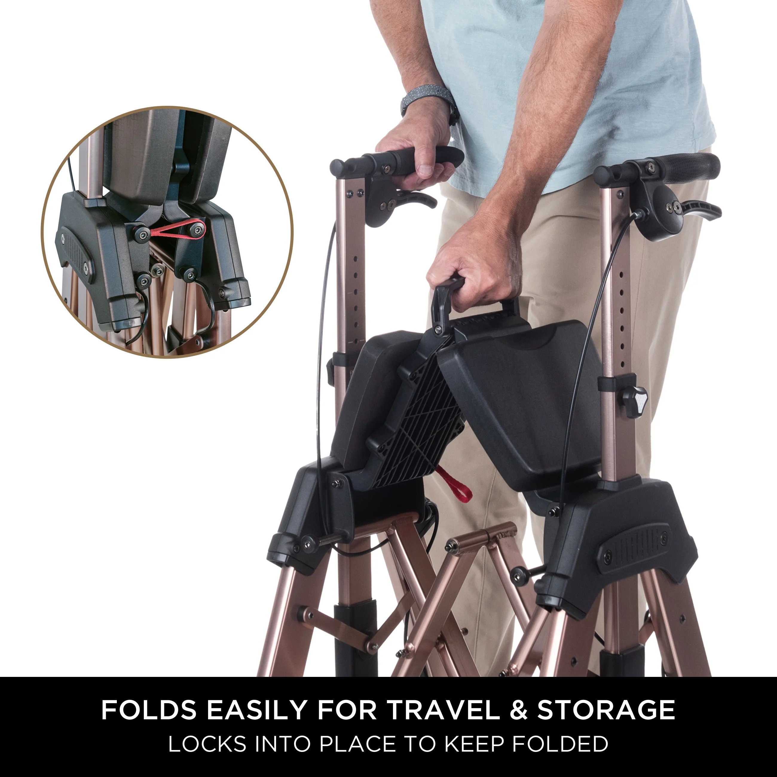 Signature Life Elite Travel Rollator Heavy Duty, Bariatric Mobility Rollator, Extra Wide 500 lbs, Folding Walker with Seat, Champagne Gold