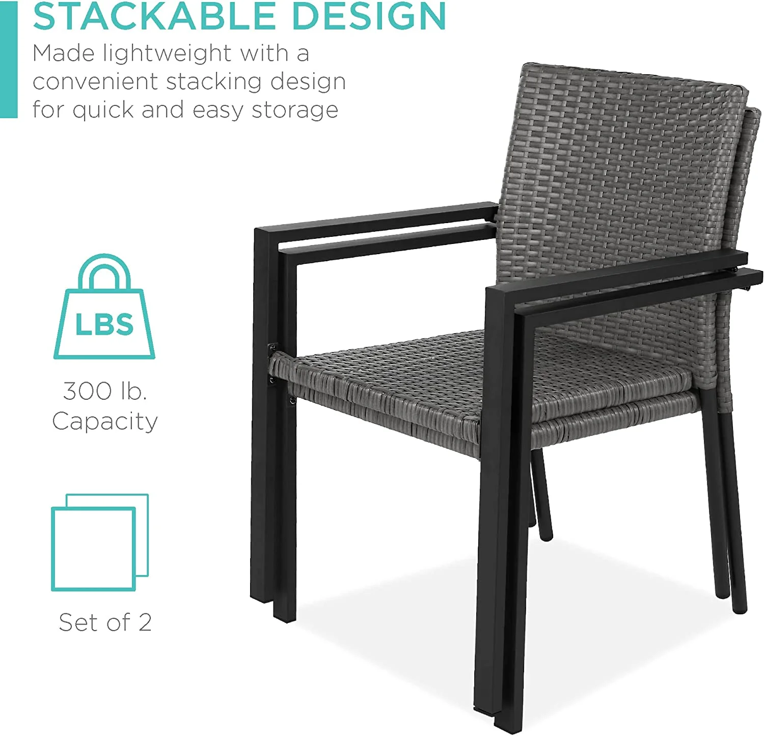 Set of 2 Stackable Outdoor Wicker Dining Chairs All-Weather Firepit Armchair w/Armrests, Steel Frame for Patio, Deck, Garden, Yard - Brown
